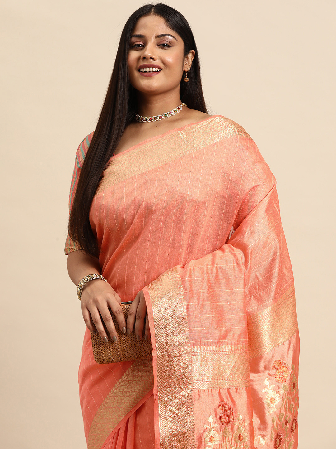 

Sztori Woven Design Striped Zari Organza Banarasi Saree, Peach