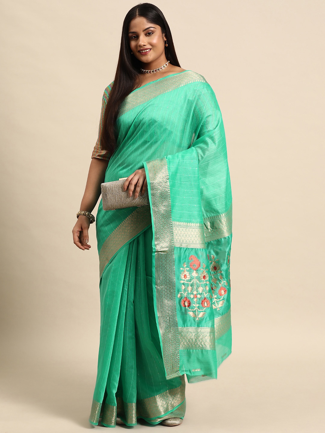 

Sztori Woven Design Striped Zari Organza Banarasi Saree, Turquoise blue