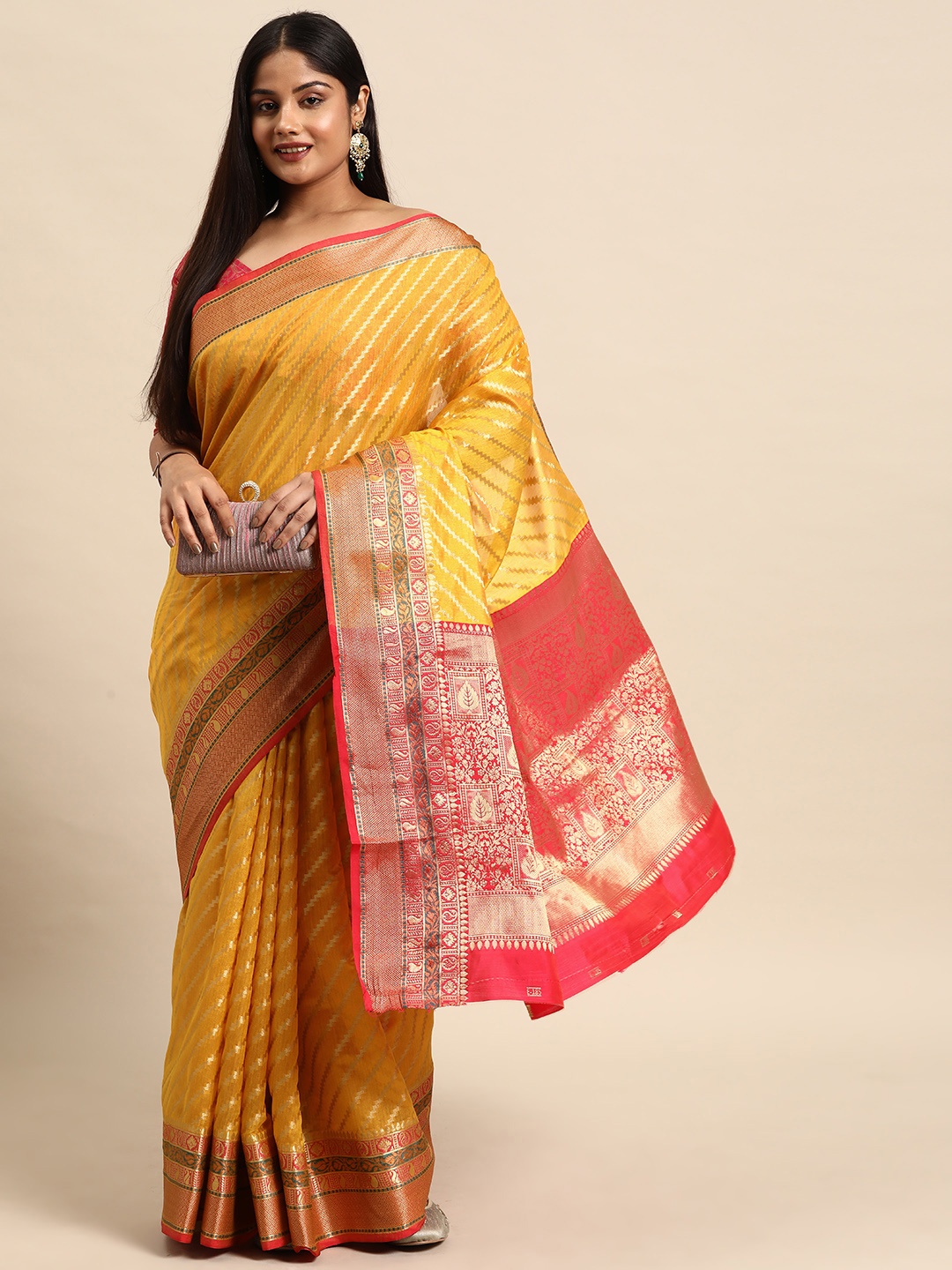 

Sztori Woven Design Striped Zari Organza Banarasi Saree, Gold