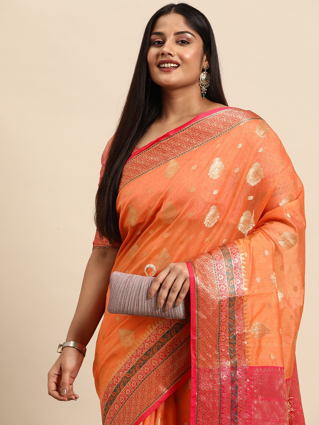

Sztori Woven Design Ethnic Motifs Zari Pure Cotton Banarasi Saree, Peach