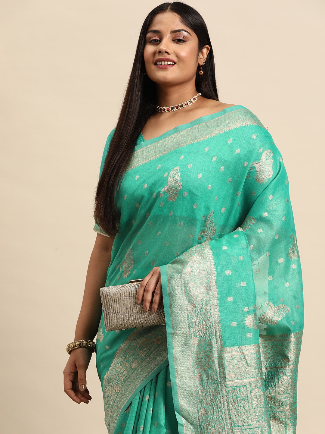 

Sztori Woven Design Ethnic Motifs Zari Pure Cotton Banarasi Saree, Teal