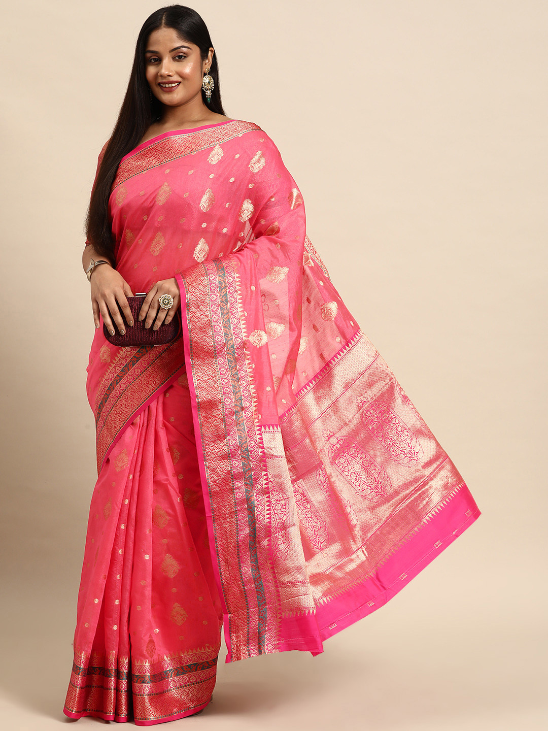 

Sztori Woven Design Ethnic Motifs Zari Pure Cotton Banarasi Saree, Pink