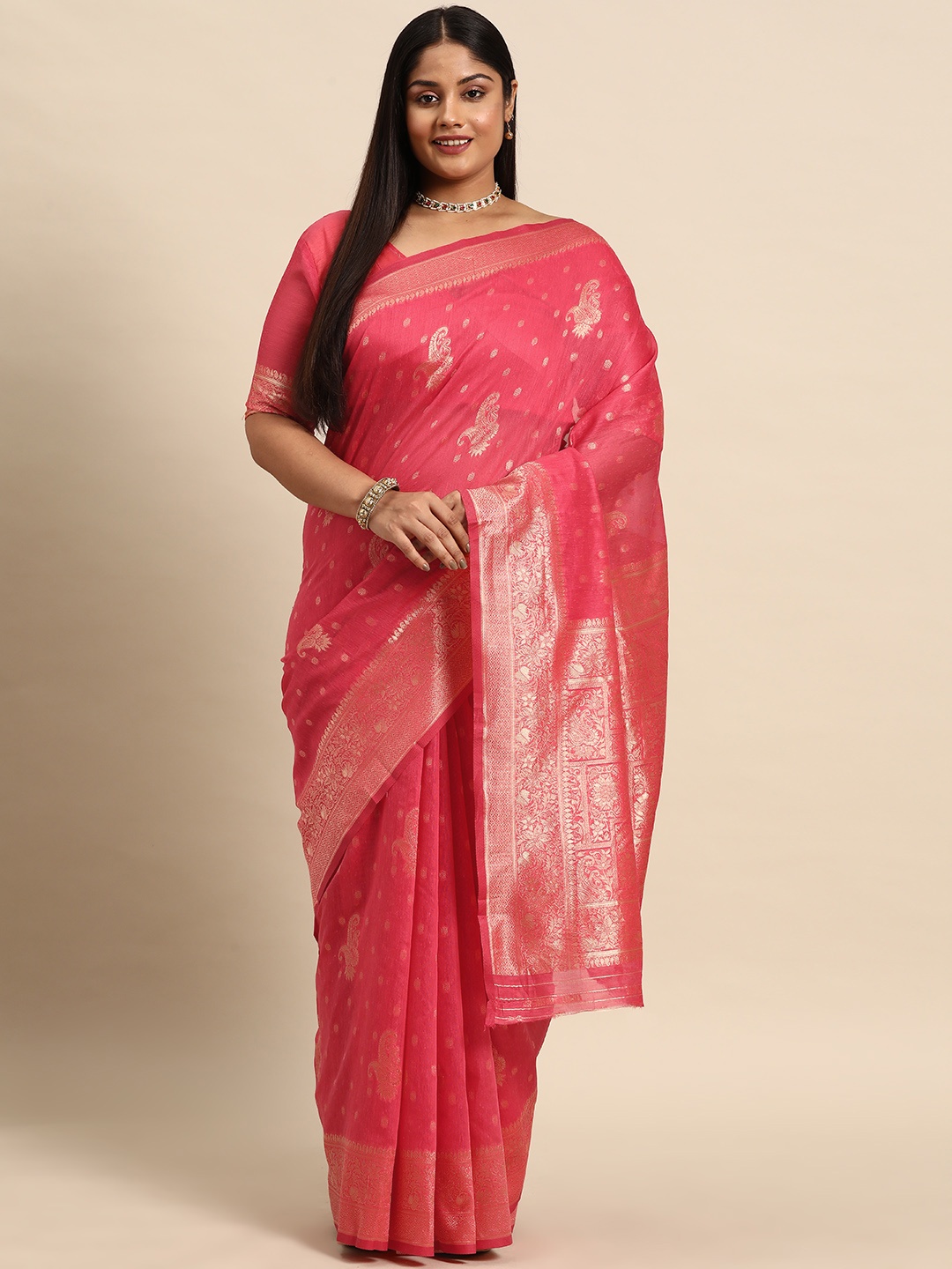 

Sztori Woven Design Ethnic Motifs Zari Pure Cotton Banarasi Saree, Pink