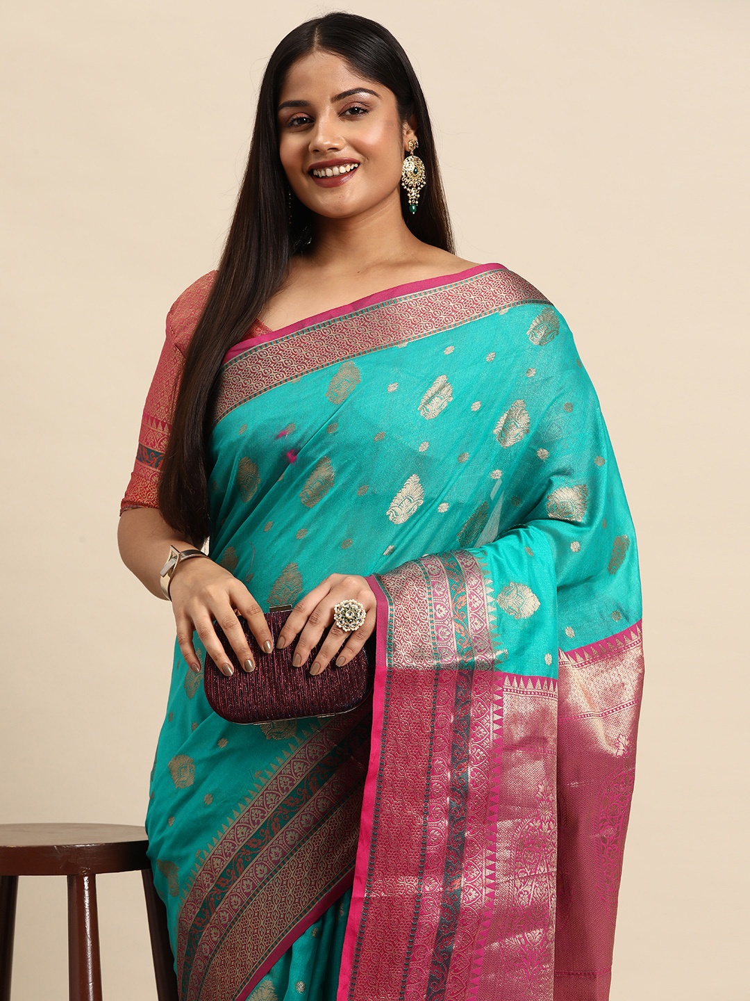 

Sztori Woven Design Ethnic Motifs Zari Pure Cotton Banarasi Saree, Teal