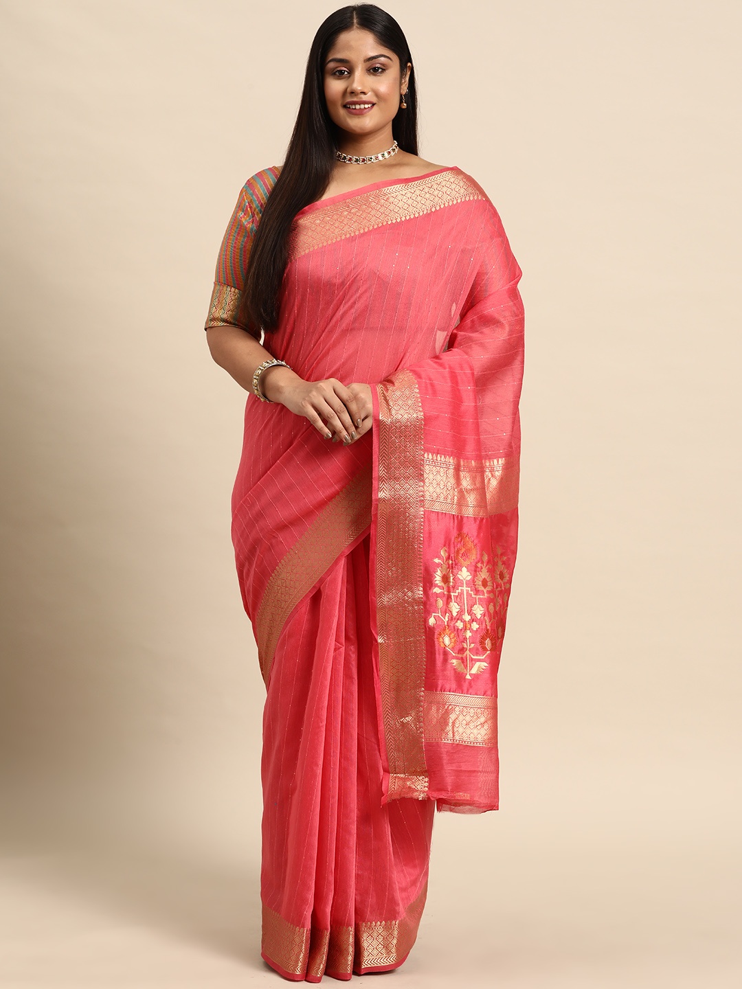 

Sztori Woven Design Striped Zari Organza Banarasi Saree, Pink