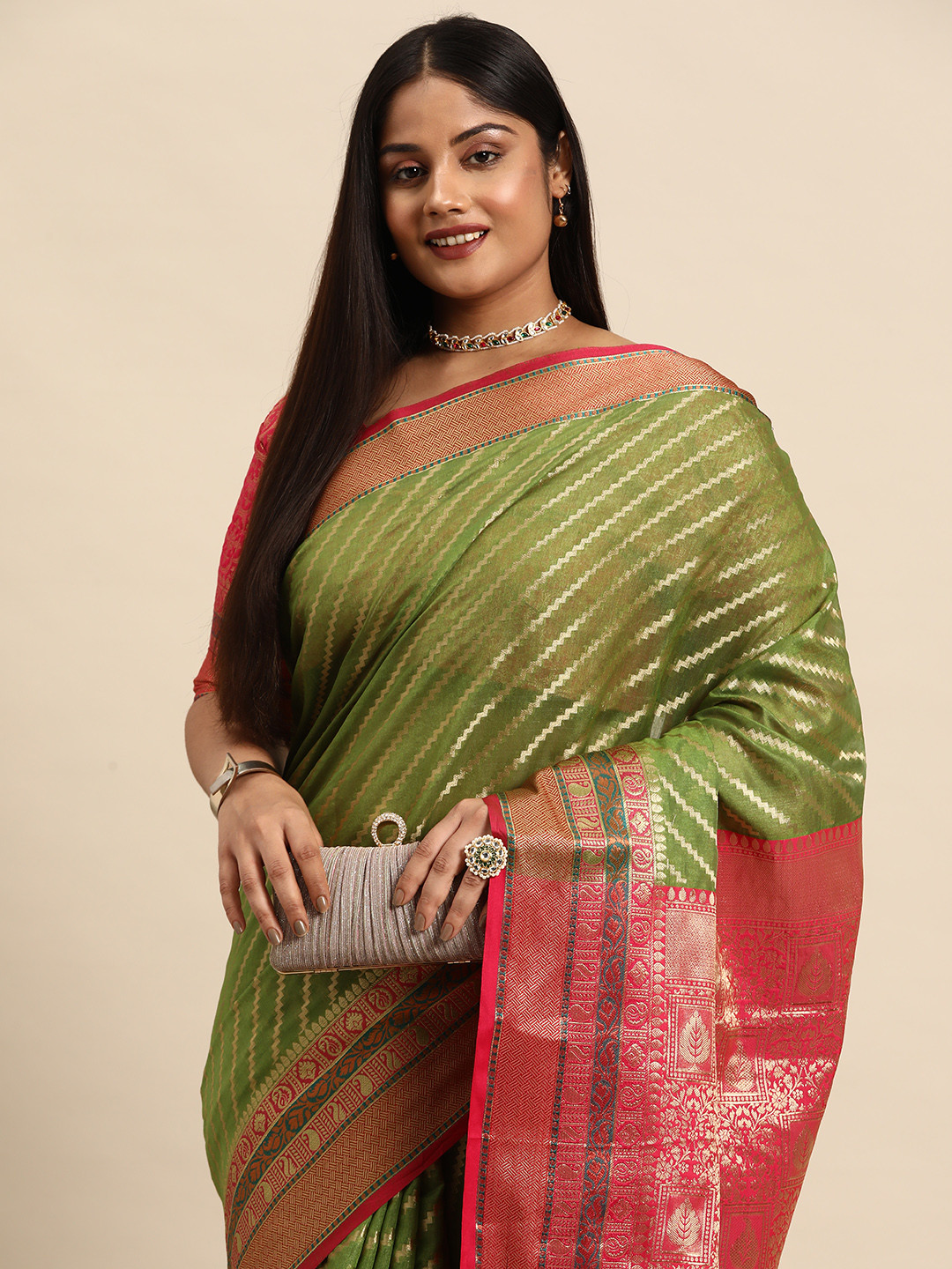 

Sztori Woven Design Striped Zari Organza Banarasi Saree, Olive