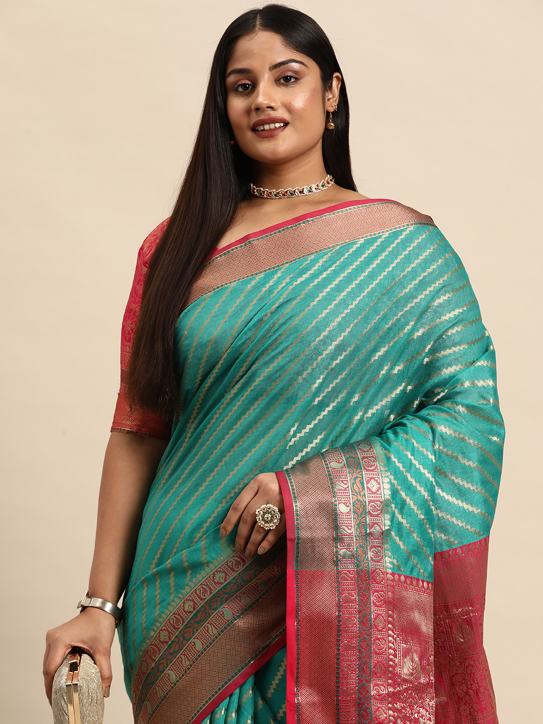 

Sztori Woven Design Striped Zari Organza Banarasi Saree, Blue