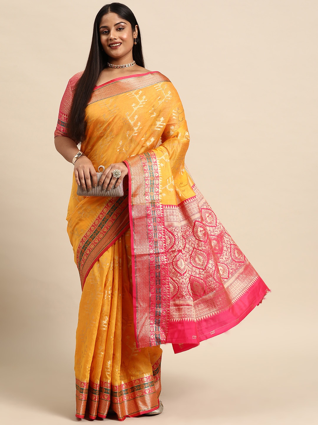 

Sztori Woven Design Floral Zari Pure Cotton Banarasi Saree, Yellow