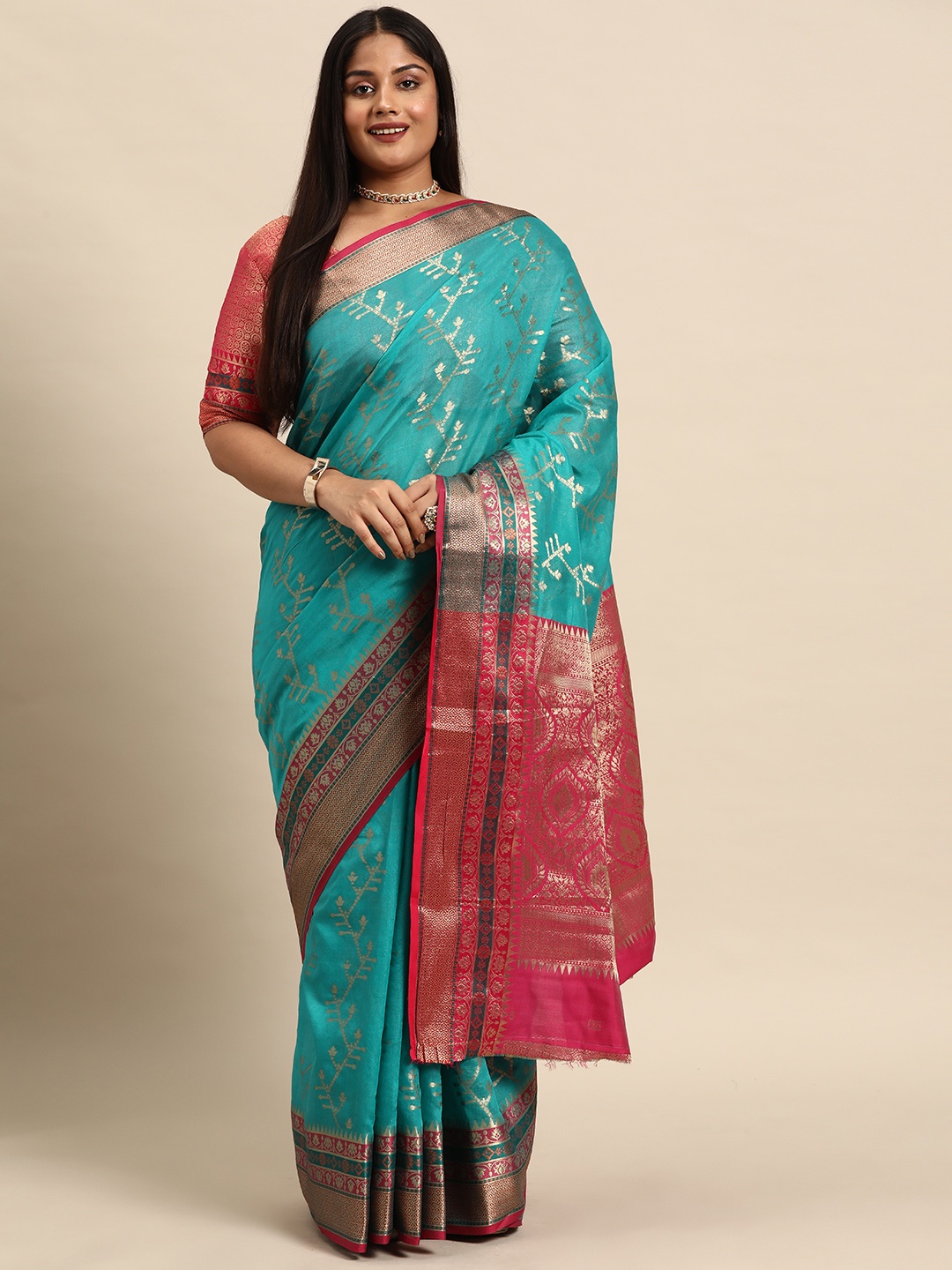 

Sztori Woven Design Floral Zari Pure Cotton Banarasi Saree, Turquoise blue