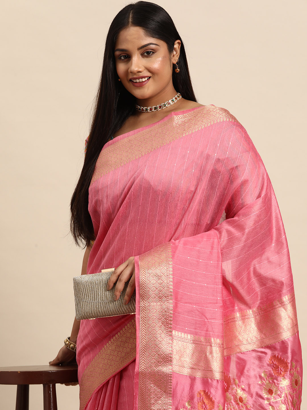 

Sztori Woven Design Striped Zari Organza Banarasi Saree, Pink