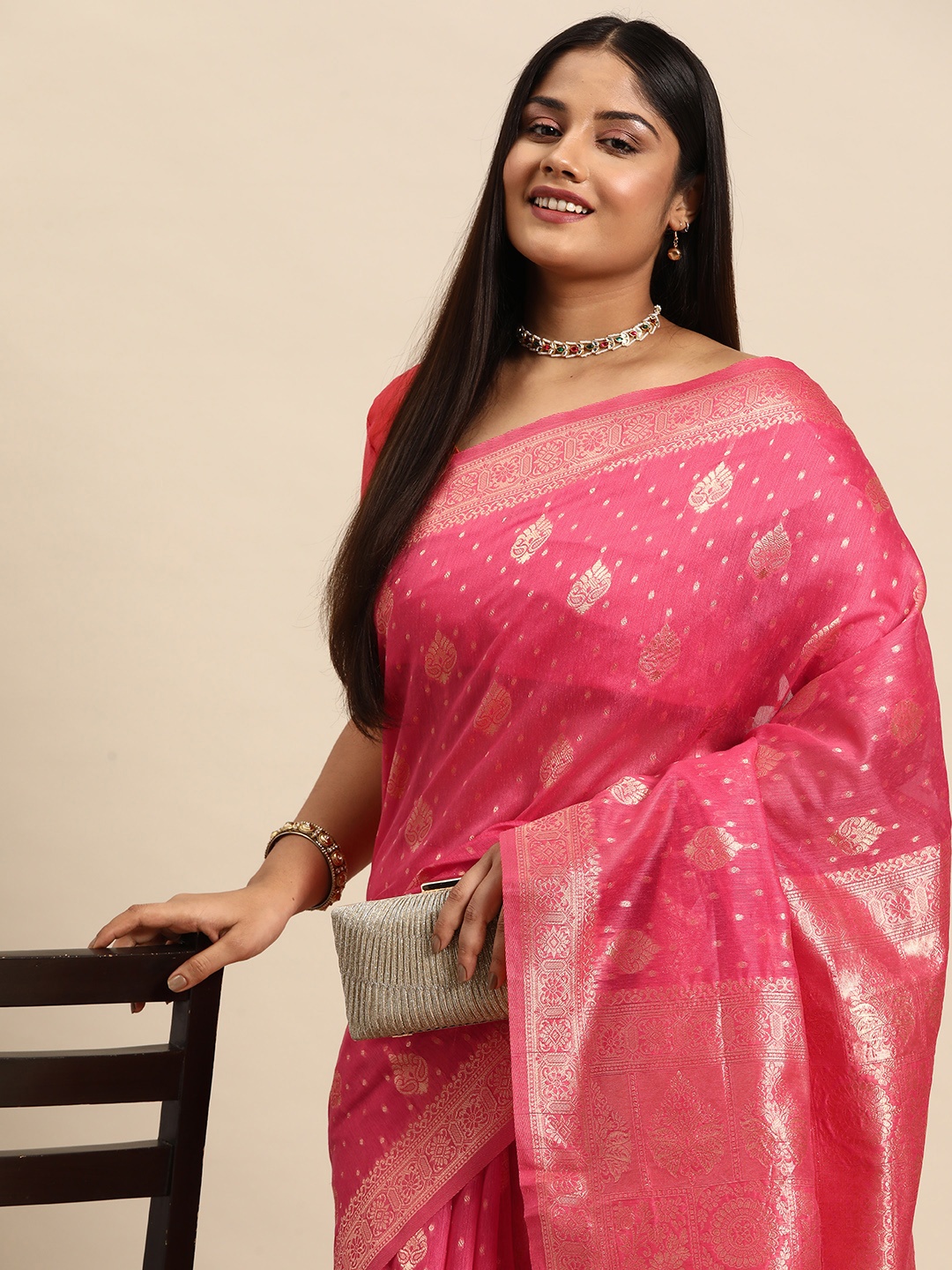 

Sztori Woven Design Ethnic Motifs Zari Pure Cotton Banarasi Saree, Pink