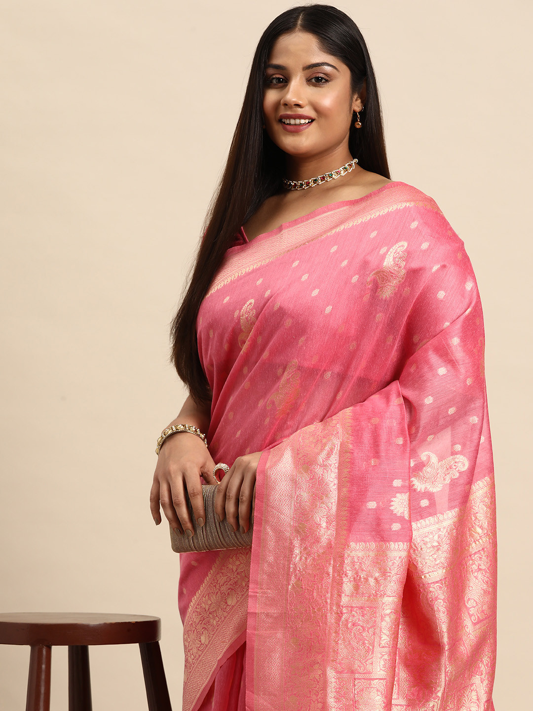 

Sztori Woven Design Ethnic Motifs Zari Pure Cotton Banarasi Saree, Pink