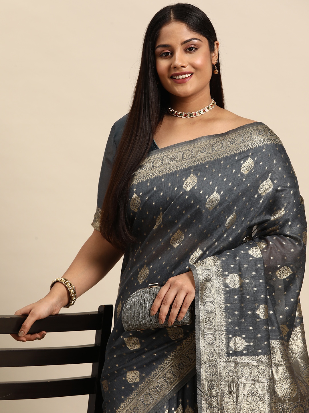 

Sztori Woven Design Ethnic Motifs Zari Pure Cotton Banarasi Saree, Grey