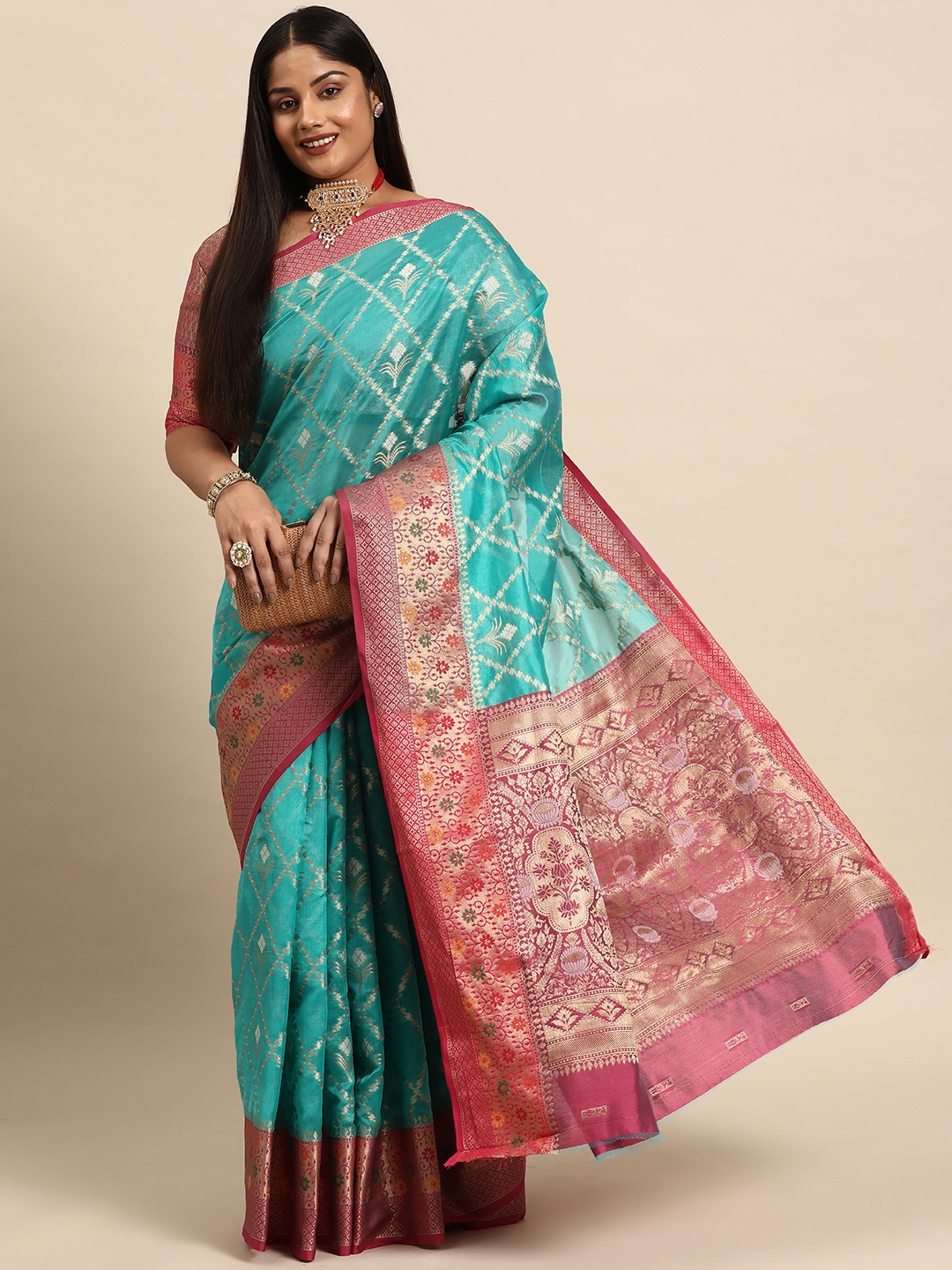 

Sztori Woven Design Ethnic Motifs Zari Banarasi Saree, Turquoise blue