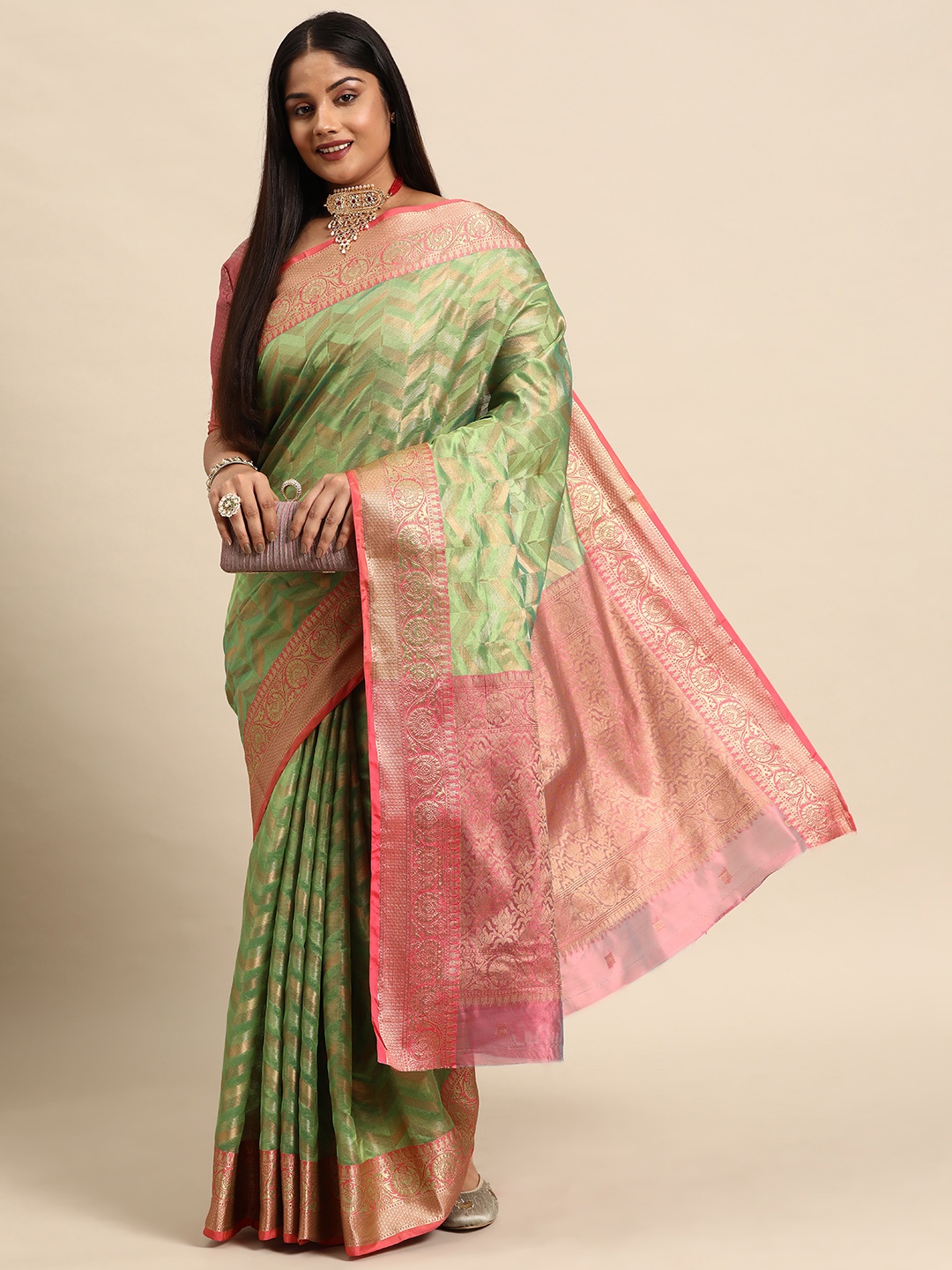 

Sztori Woven Design Geometric Zari Organza Banarasi Saree, Green