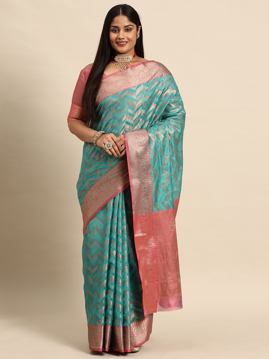 

Sztori Woven Design Geometric Zari Organza Banarasi Saree, Blue