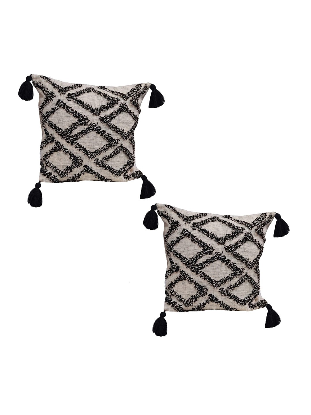 

Home Ecstasy Beige & Black 2 Pcs Geometric Embroidered Pure Cotton Square Cushion Covers