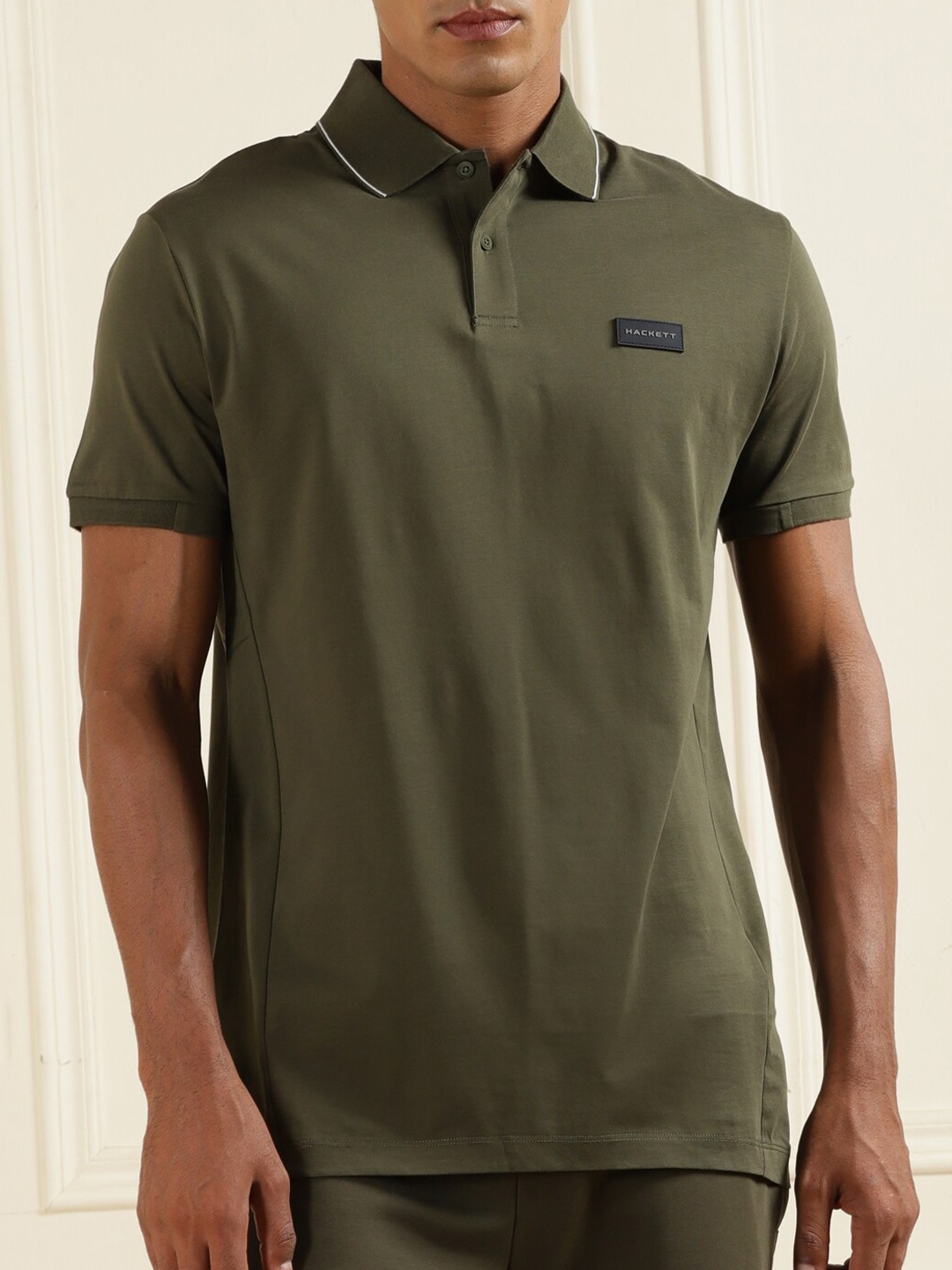

HACKETT LONDON Contrast-Tipping Badge Cotton Polo Collar T-shirt, Khaki
