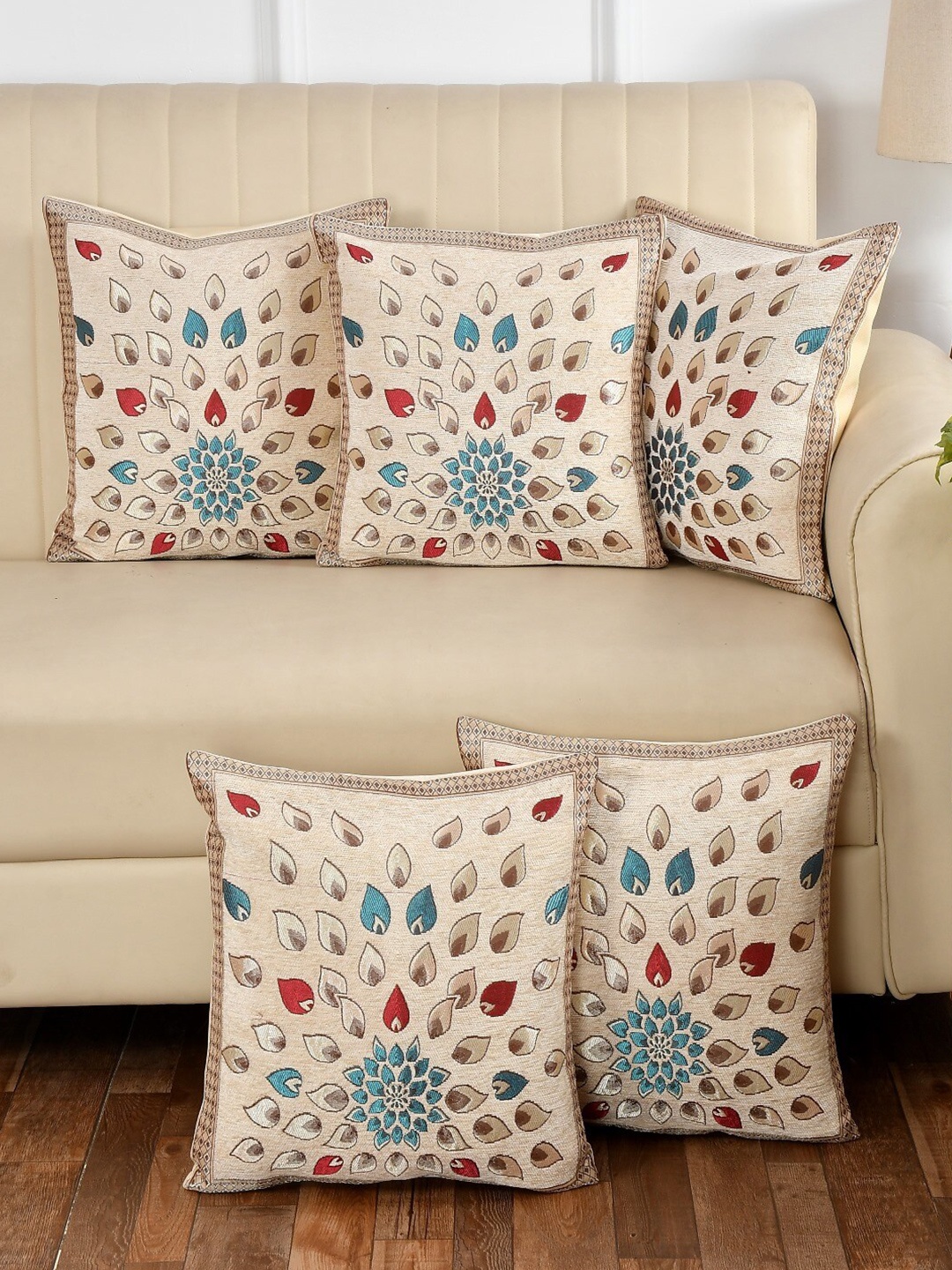 

MULTITEX Beige & Blue 5 Pieces Floral Cotton Square Cushion Covers