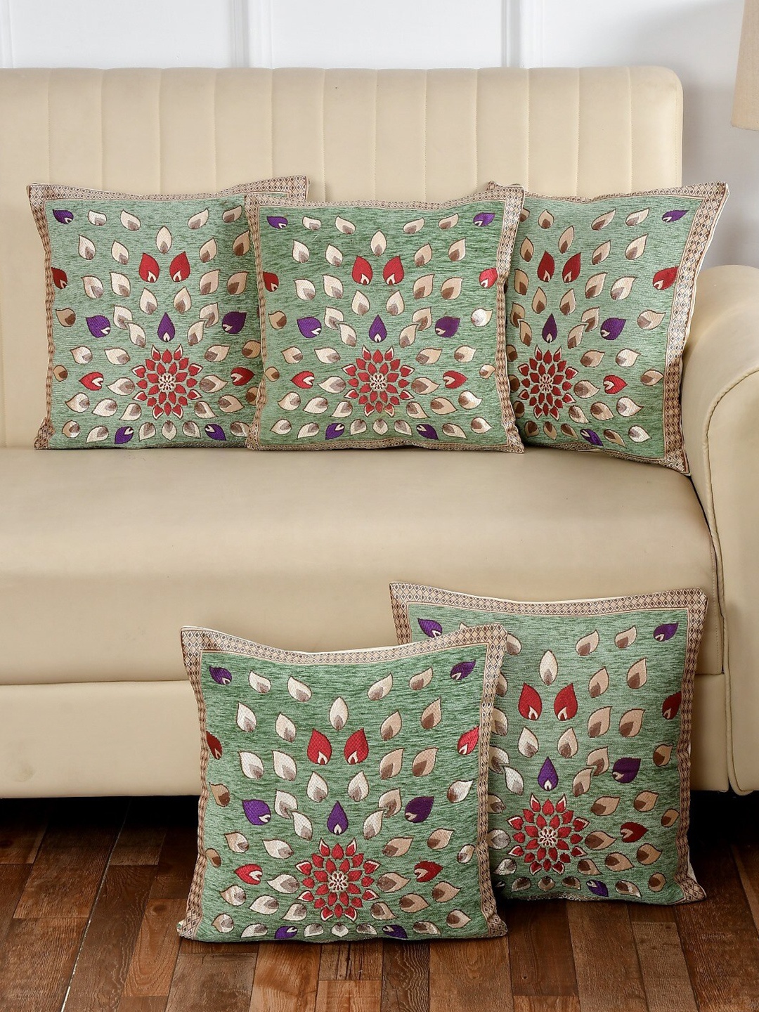 

MULTITEX Green & Purple 5 Pieces Floral Cotton Square Cushion Covers