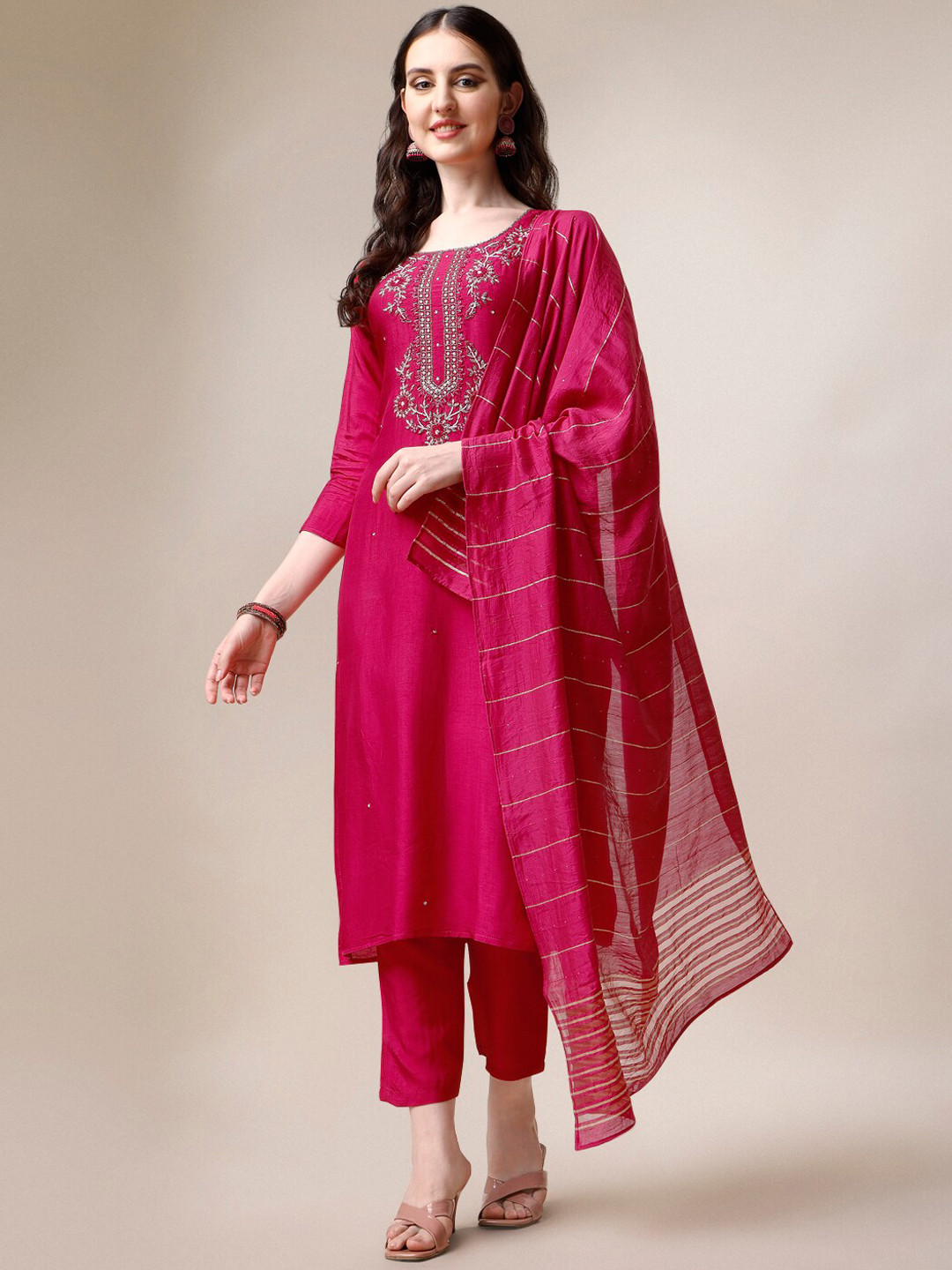 

Berrylicious Yoke Design Embellished Chanderi Cotton Kurta With Trousers & Dupatta, Pink