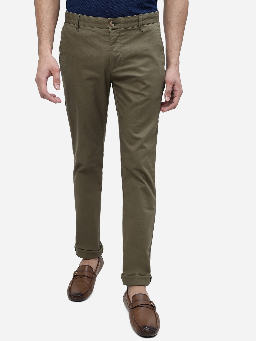 

Greenfibre Men Mid Rise Pure Cotton Slim Fit Trousers, Olive