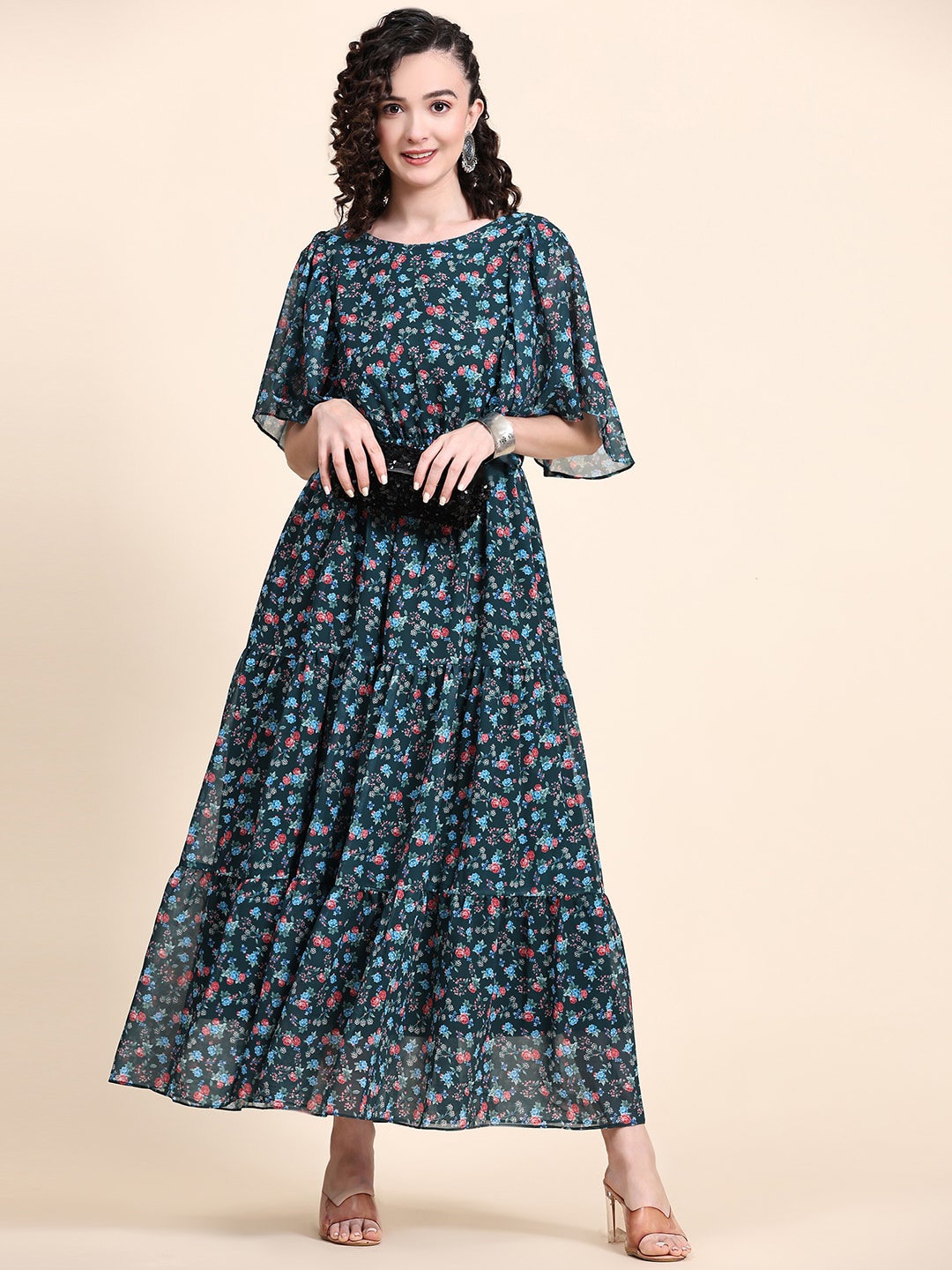 

KALINI Ruffled Flared Butterfly Sleeves Gathered Tiered Fit & Flare Georgette Ethnic Dress, Green