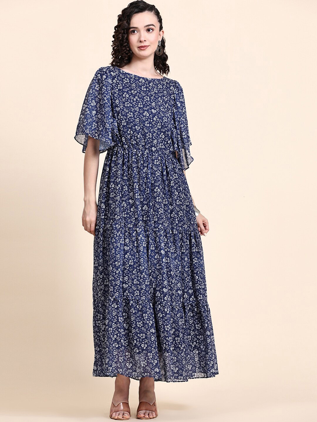 

KALINI Printed Ruffled Tiered Butterfly Sleeve Dress, Navy blue