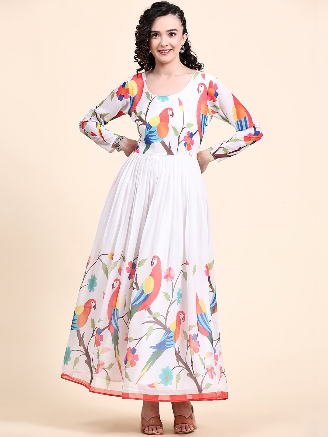 

KALINI Conversational Parrot Printed Pleated Maxi Fit & Flare Ethnic Dress, White