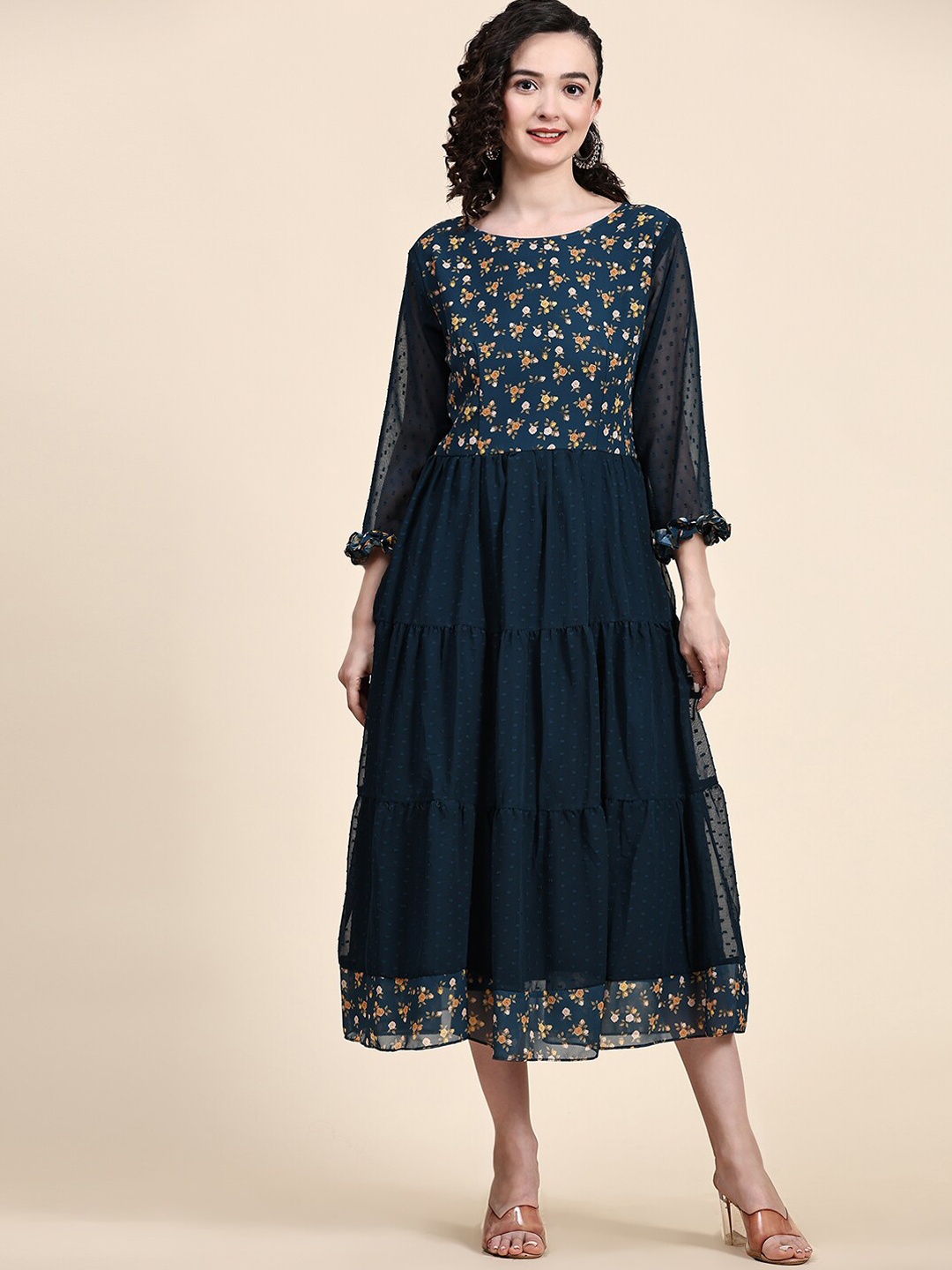 

KALINI Floral Printed Gathered Ruffled Tiered Fit & Flared Dress, Teal