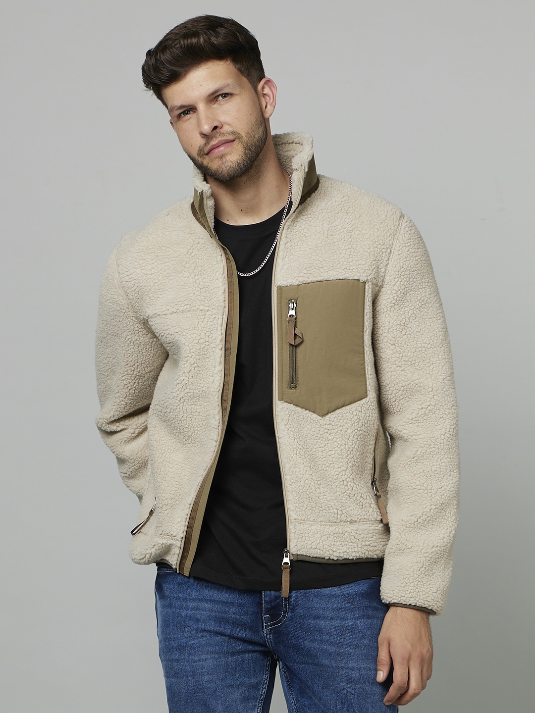 

Celio Colourblocked Faux Fur Trim Tailored Jacket, Cream