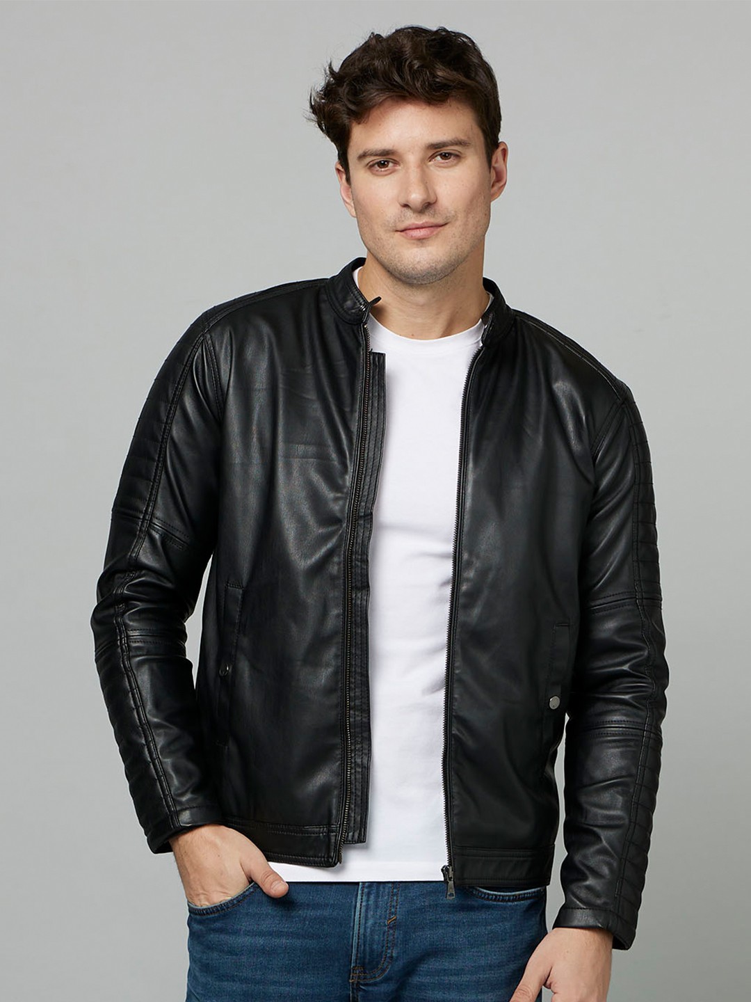 

Celio Stand Collar Leather Jacket, Black