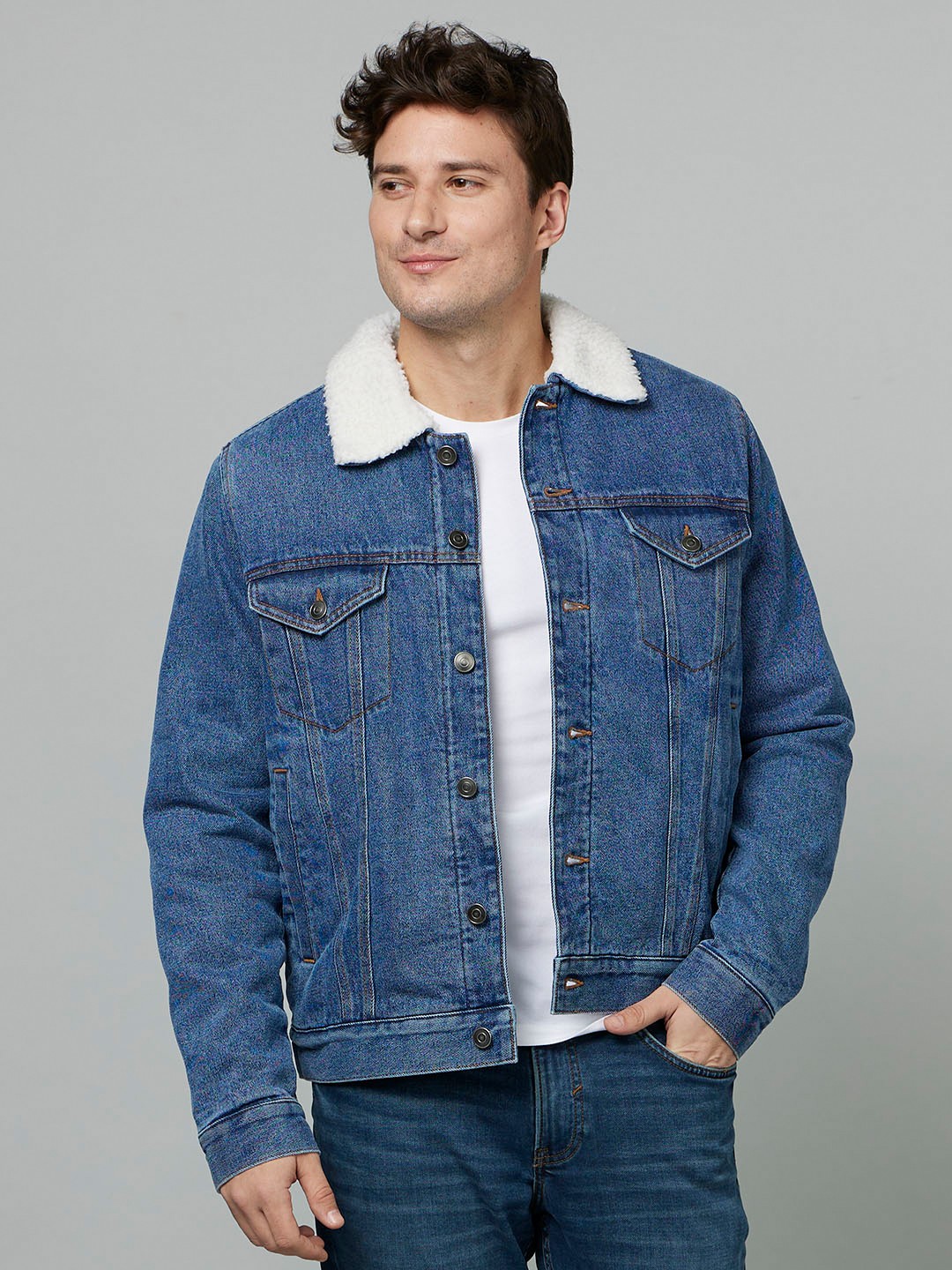 

Celio Winter Fleece Lined Fur Collar Washed Denim Jacket, Blue
