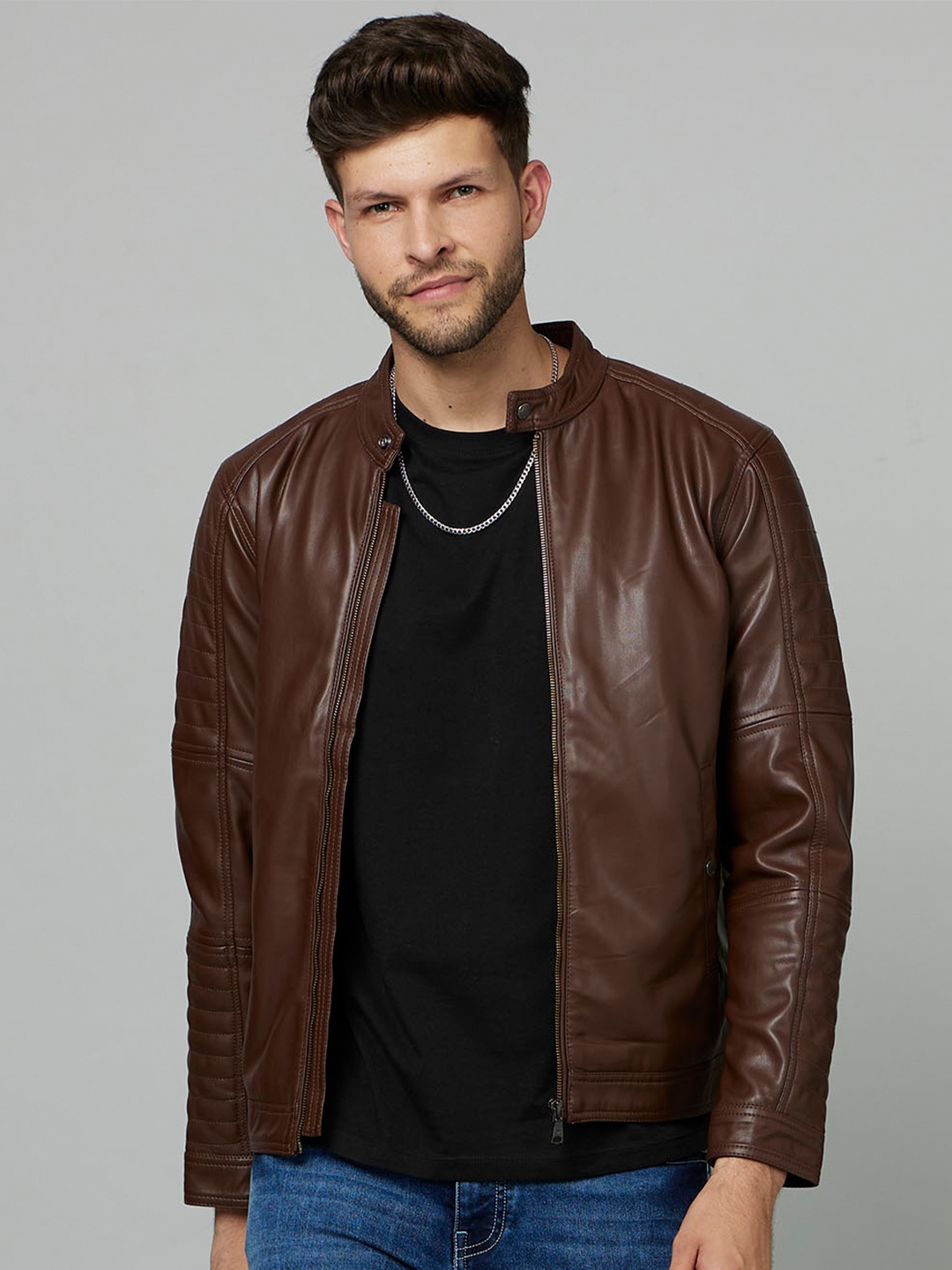 

Celio Stand Collar Leather Biker Jacket, Brown