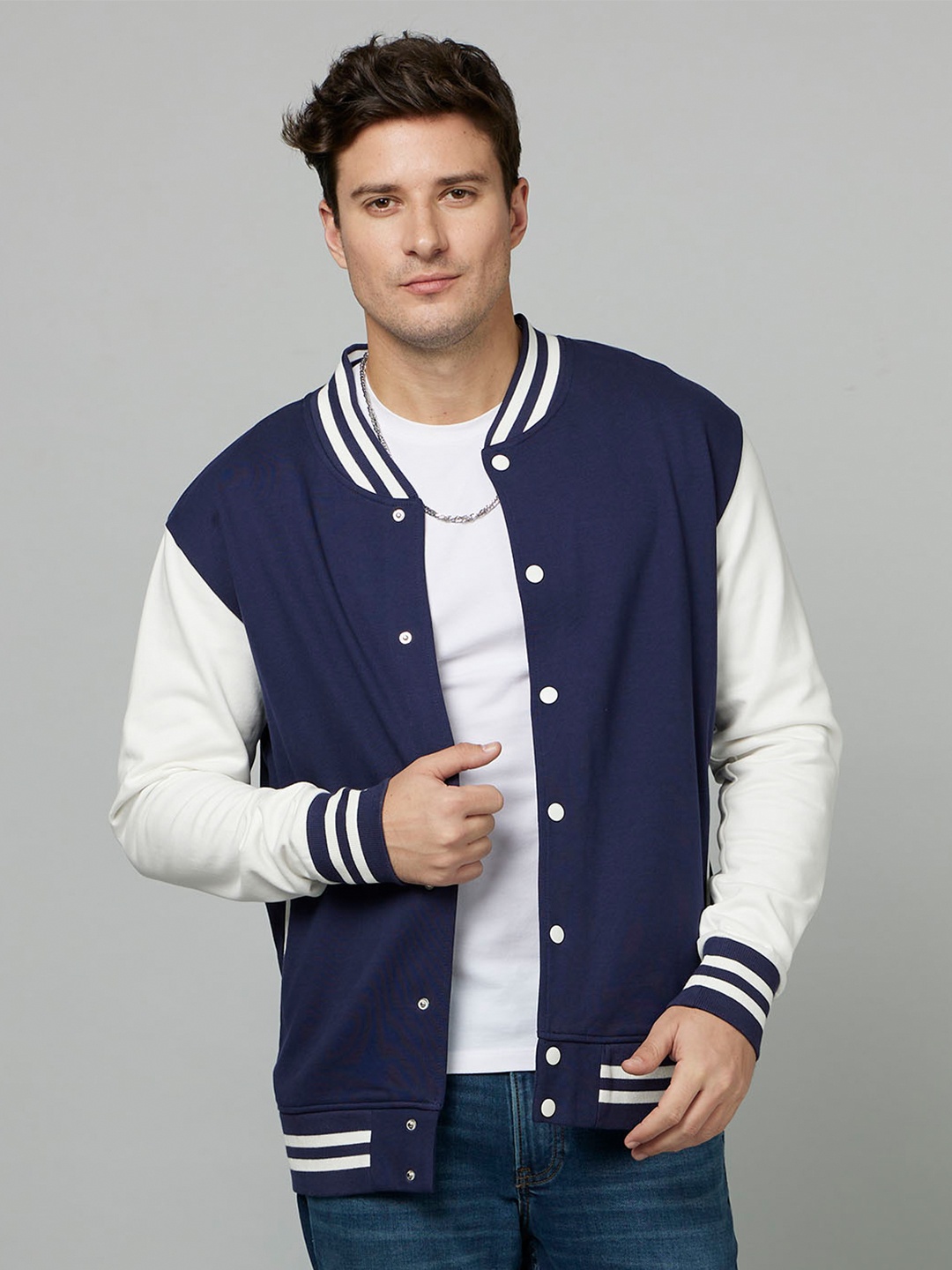 

Celio Striped Cotton Varsity Jacket, Navy blue