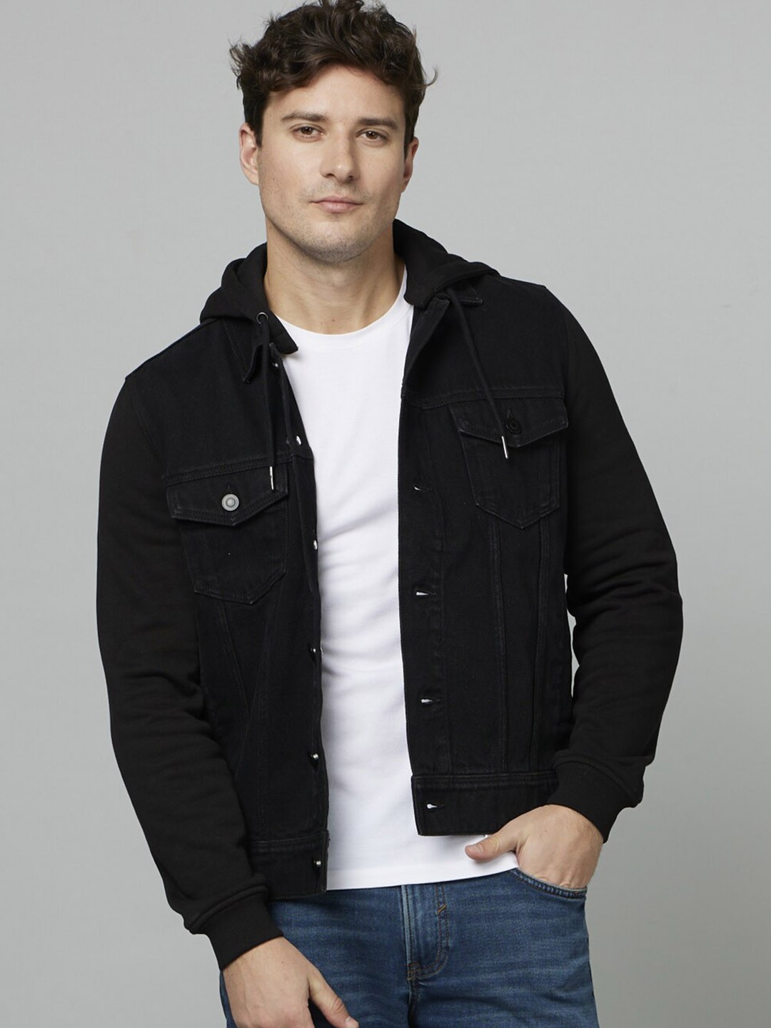 

Celio Full Sleeve Hooded Washed Denim Jacket, Black