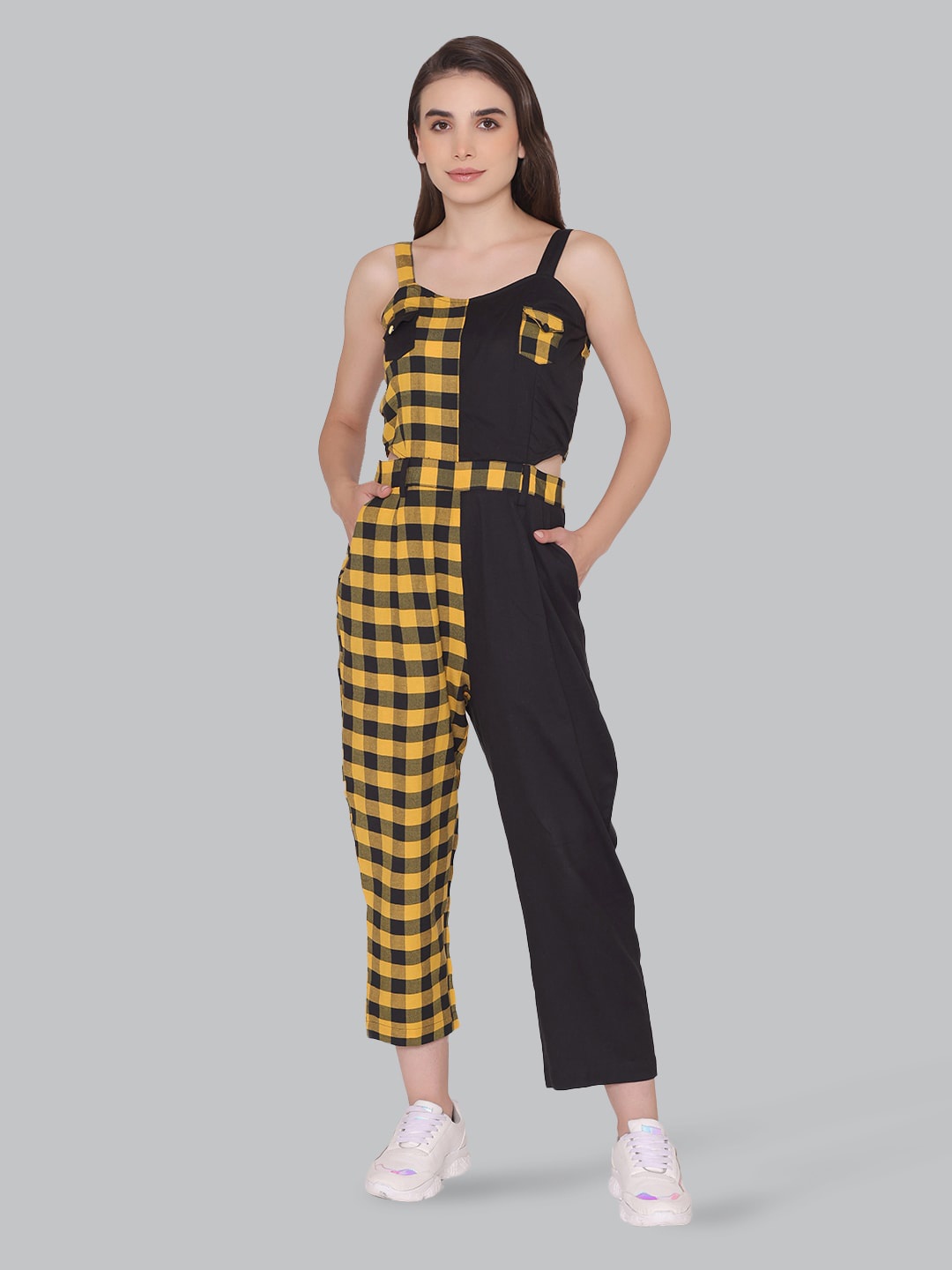 

CUFFS N LASHES Checked Shoulder Straps Basic Jumpsuit, Yellow