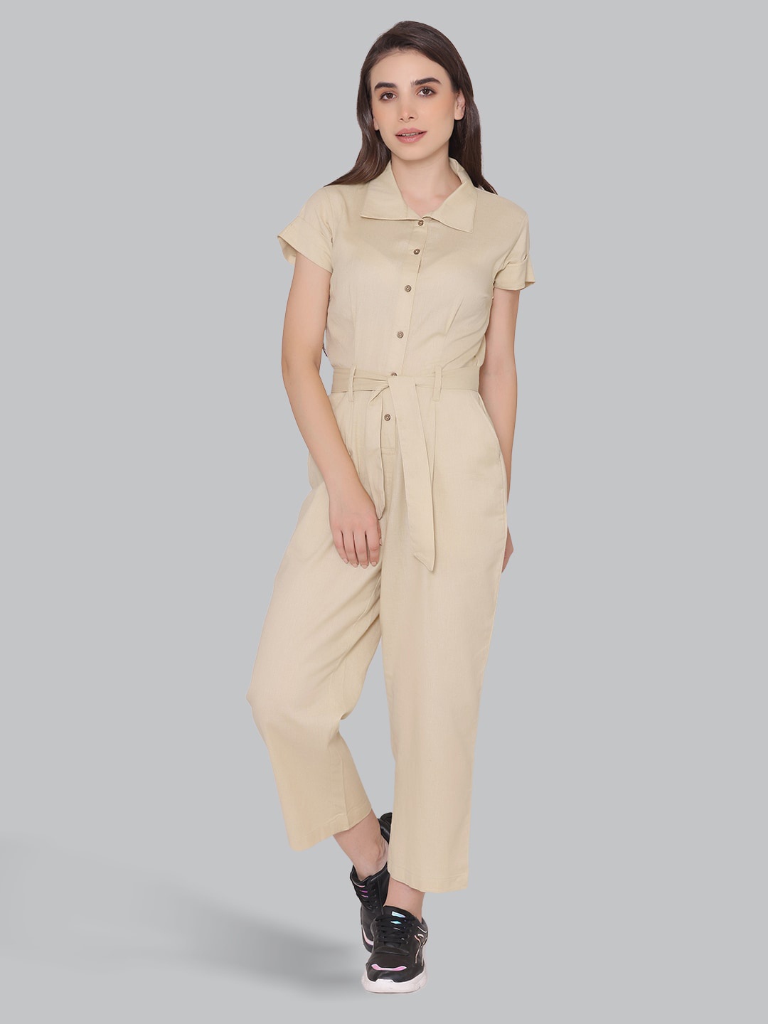

CUFFS N LASHES Shirt Collar Belted Basic Jumpsuit, Tan