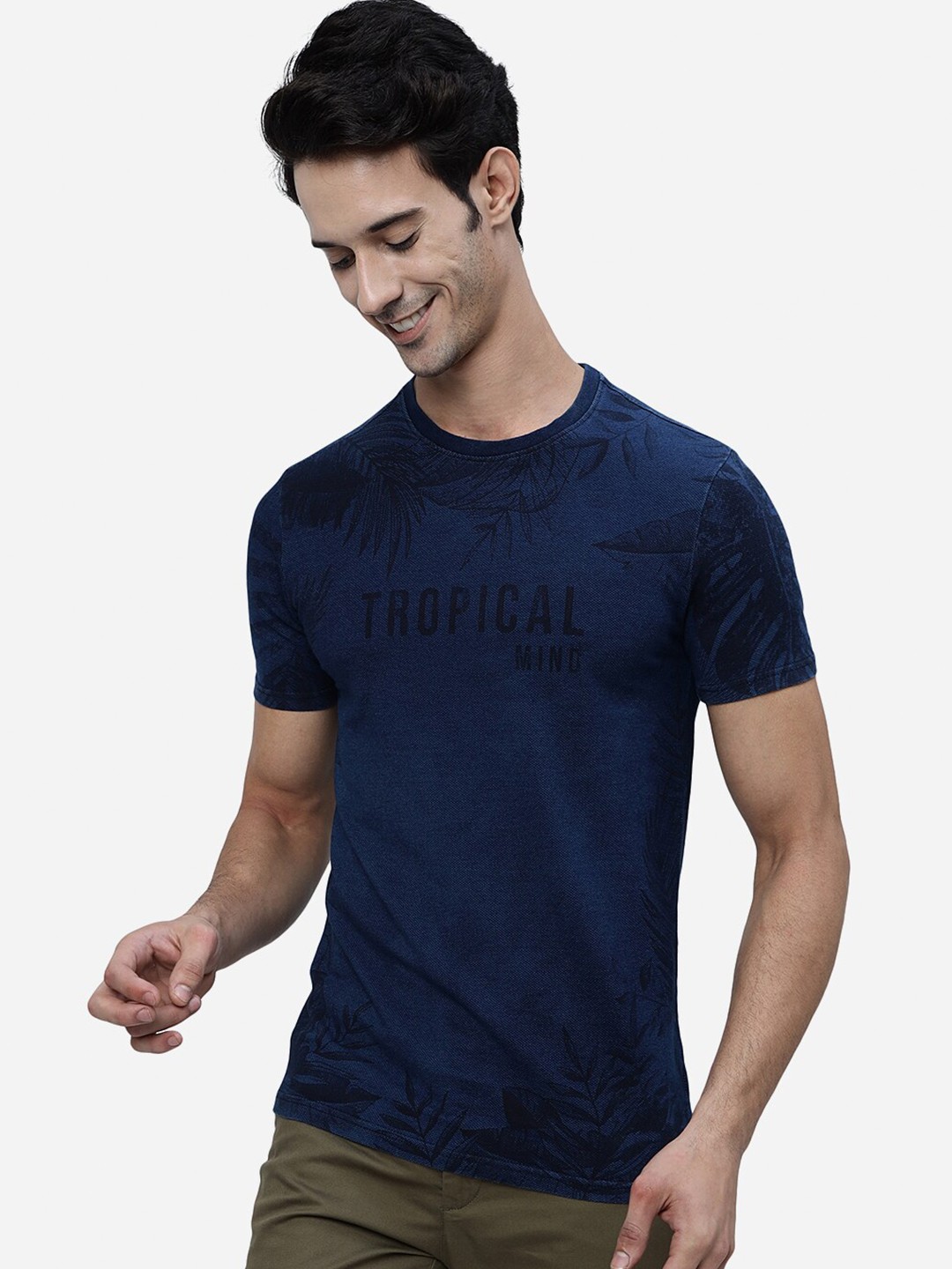 

JADE BLUE Typography Printed Slim Fit Pure Cotton T-shirt, Navy blue