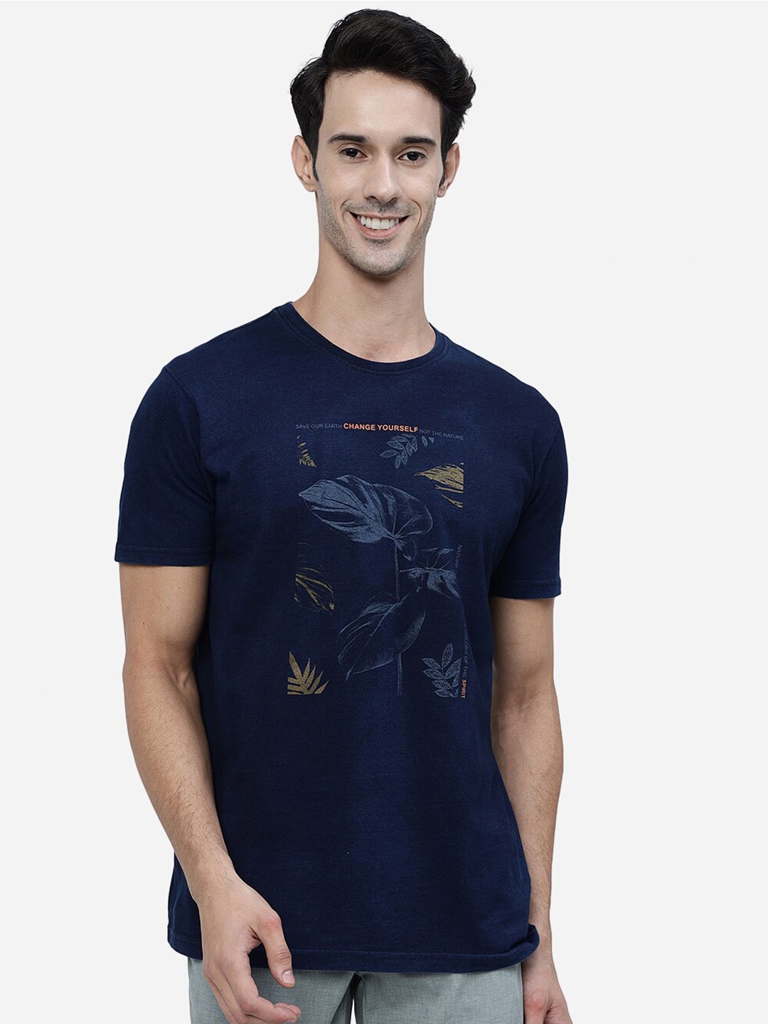 

JADE BLUE Tropical Printed Slim Fit Pure Cotton T-shirt