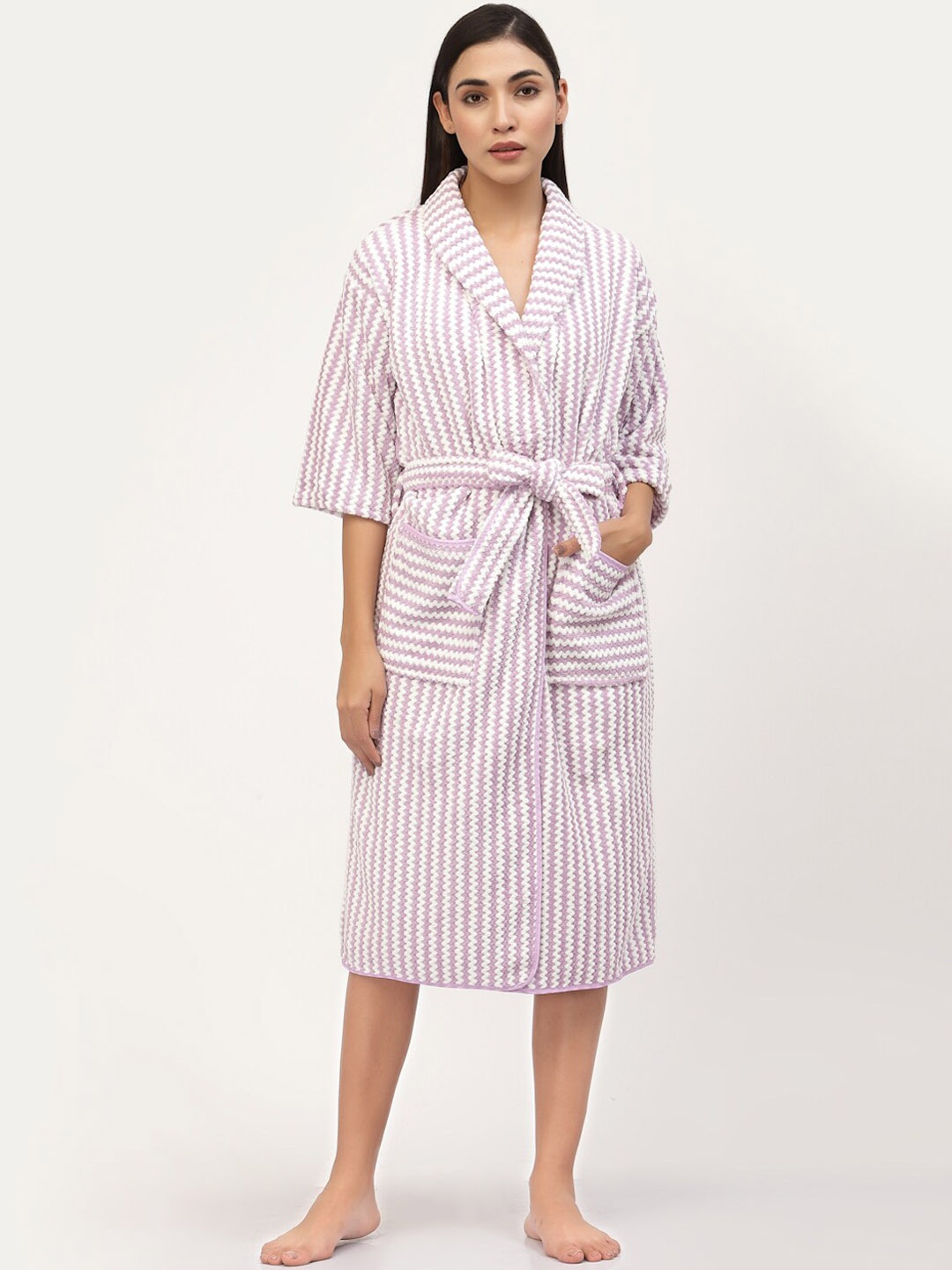 

FABINALIV Striped Cotton Bath Robe With Belt, Purple