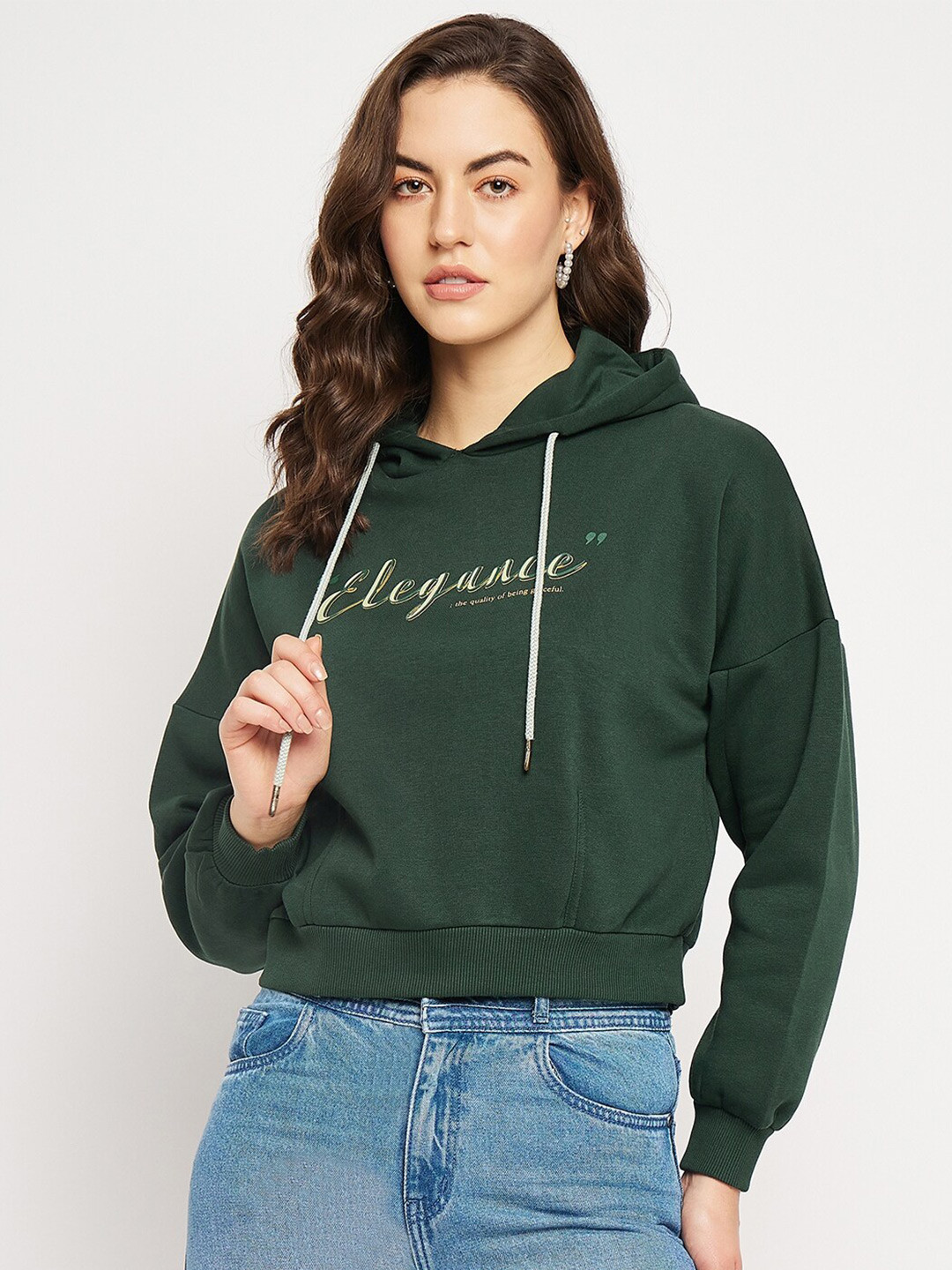 

CAMLA Typography Printed Hooded Crop Sweatshirt, Green