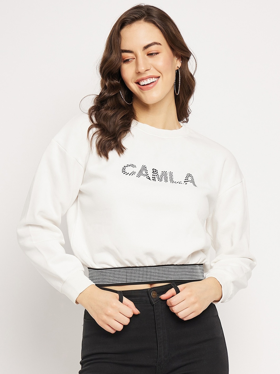 

CAMLA Typography Printed Cotton Crop Pullover Sweatshirt, White