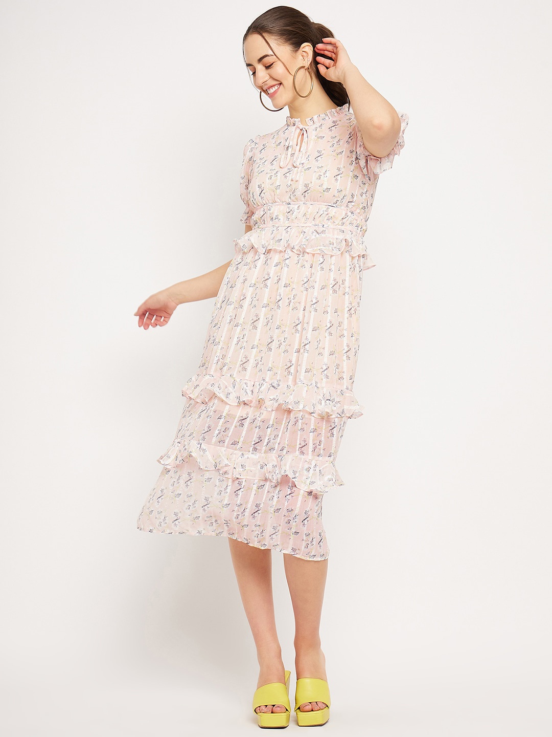 

CAMLA Floral Printed Keyhole Neck Ruffles Empire Midi Dress, Peach