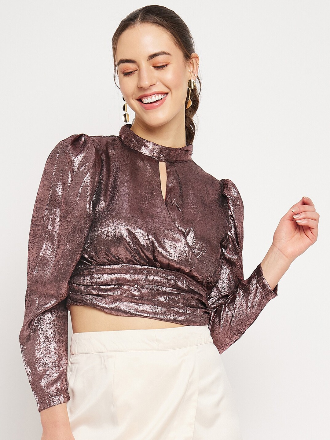 

CAMLA Keyhole Neck Puff Sleeves Regular Crop Top, Pink