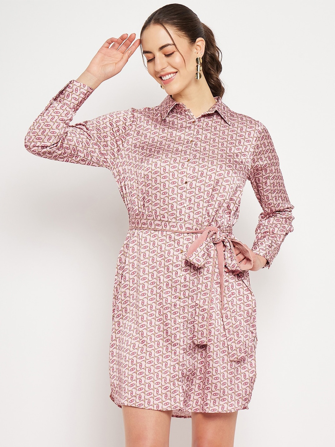 

CAMLA Geometric Printed Cuffed Sleeves Shirt Dress, Pink
