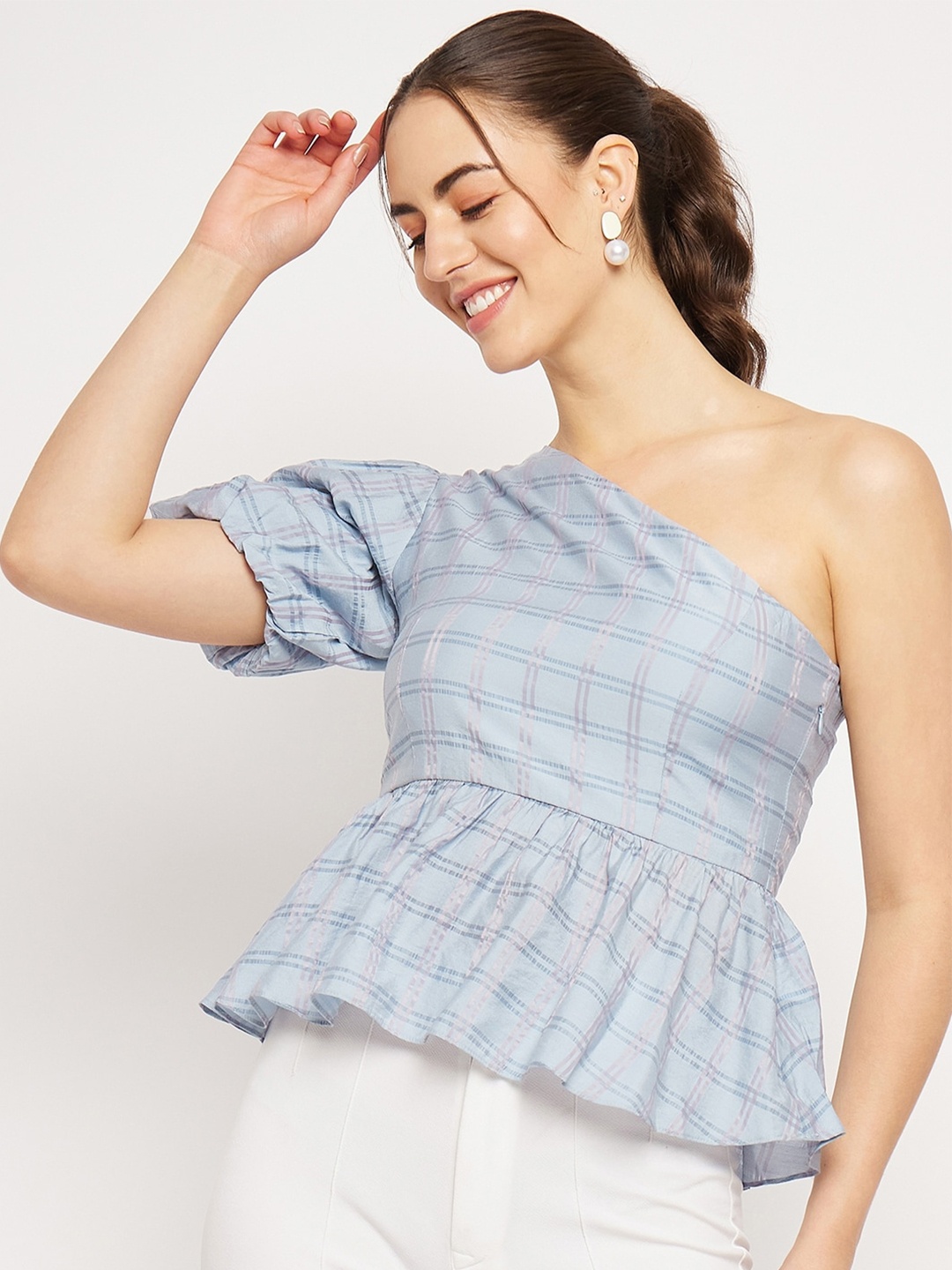 

CAMLA Checked One Shoulder Puff Sleeves Peplum Top, Blue