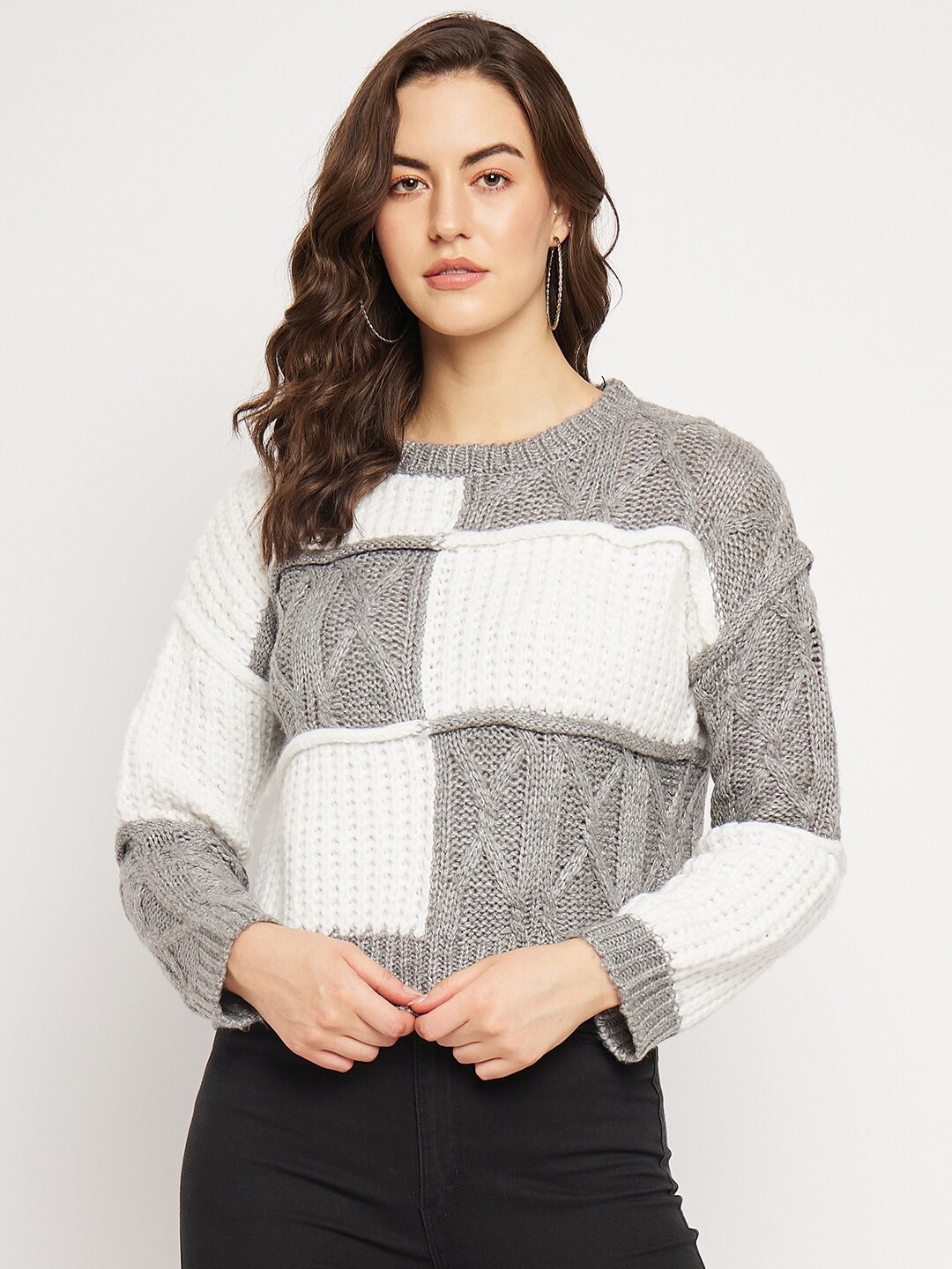 

CAMLA Colourblocked Round Neck Cropped Pullover Sweater, Grey