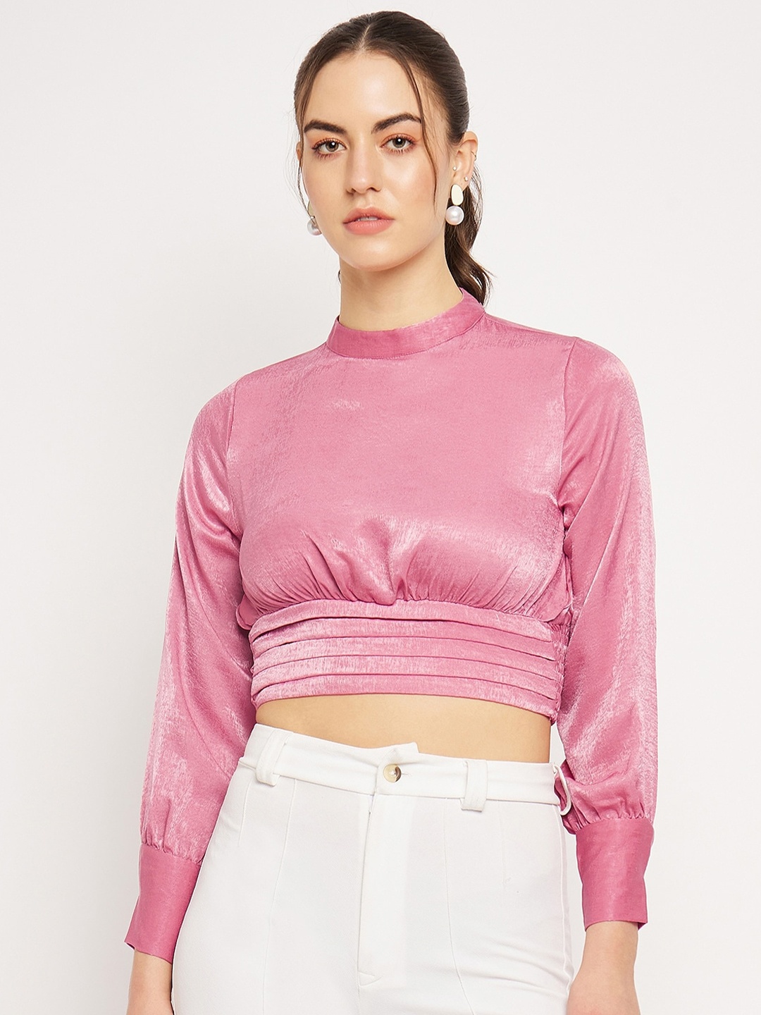 

CAMLA High Neck Cuffed Sleeves Crop Regular Top, Pink