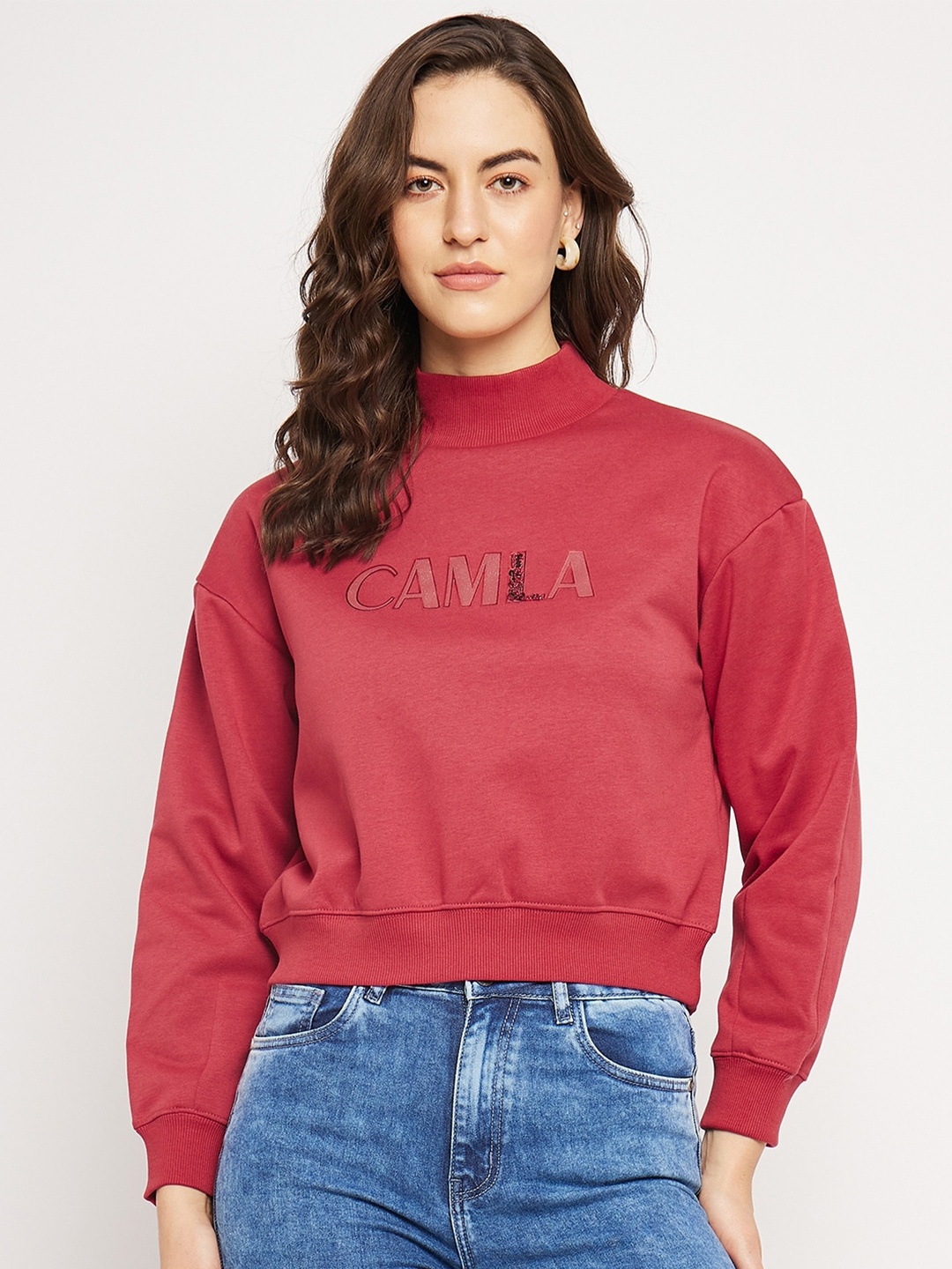 

CAMLA Typography Printed Cotton Crop Pullover Sweatshirt, Coral